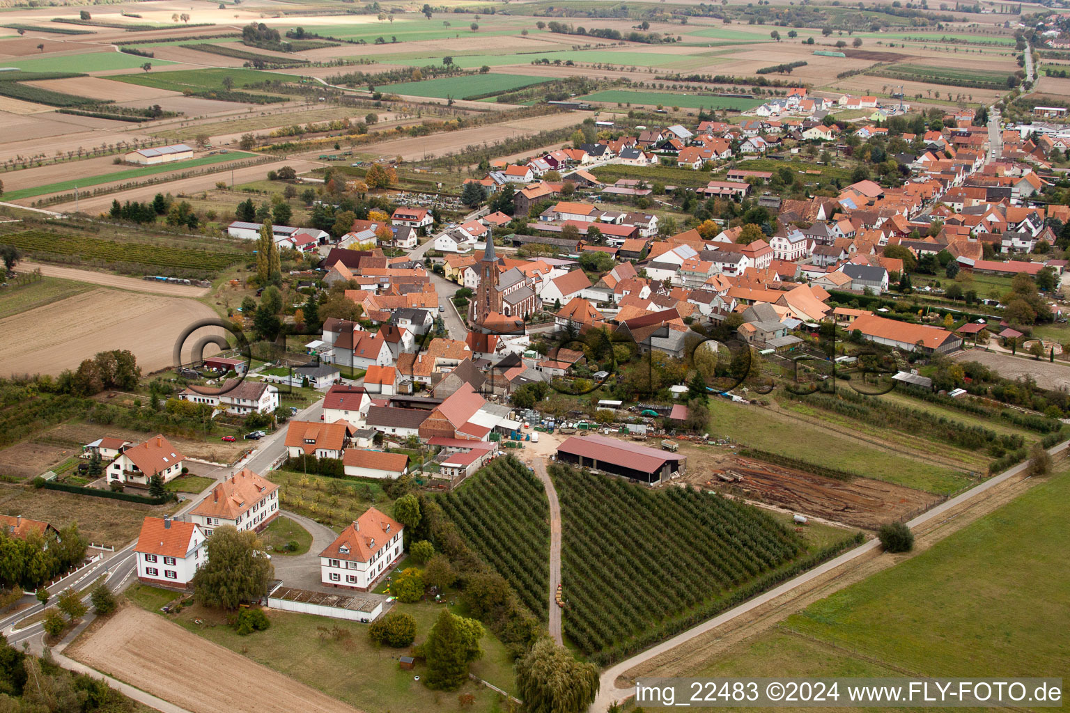 Aerial photograpy of Village - view on the edge of agricultural fields and farmland in Schweighofen in the state Rhineland-Palatinate, Germany