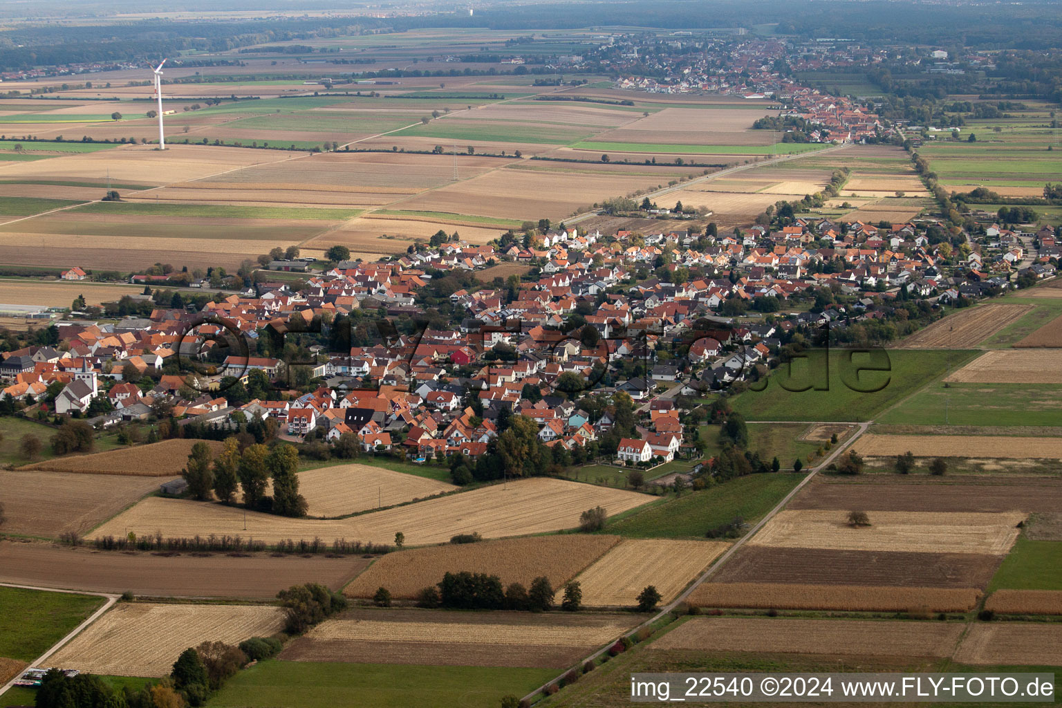 Aerial view of Village - view on the edge of agricultural fields and farmland in Minfeld in the state Rhineland-Palatinate