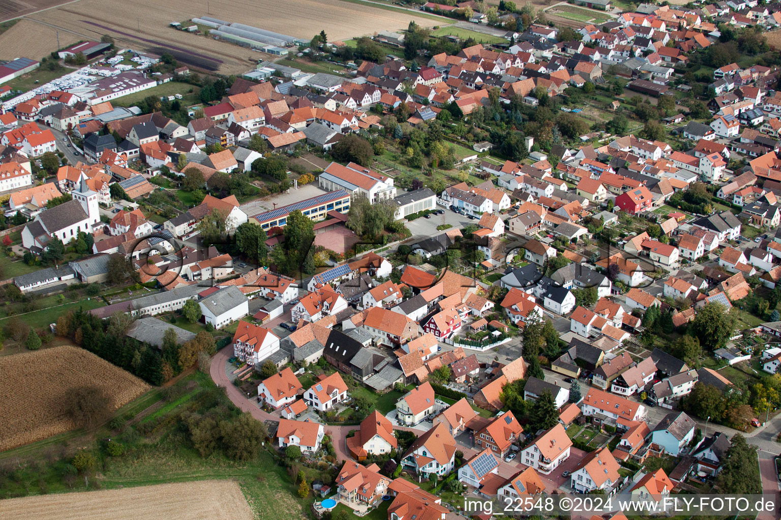 Aerial photograpy of Village - view on the edge of agricultural fields and farmland in Minfeld in the state Rhineland-Palatinate