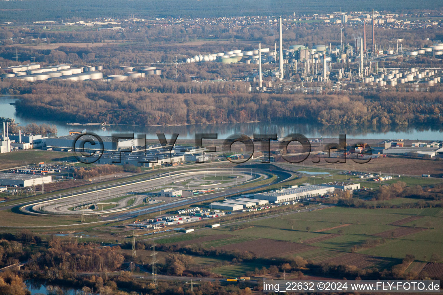 Oberwald Industrial Area in Wörth am Rhein in the state Rhineland-Palatinate, Germany from the plane