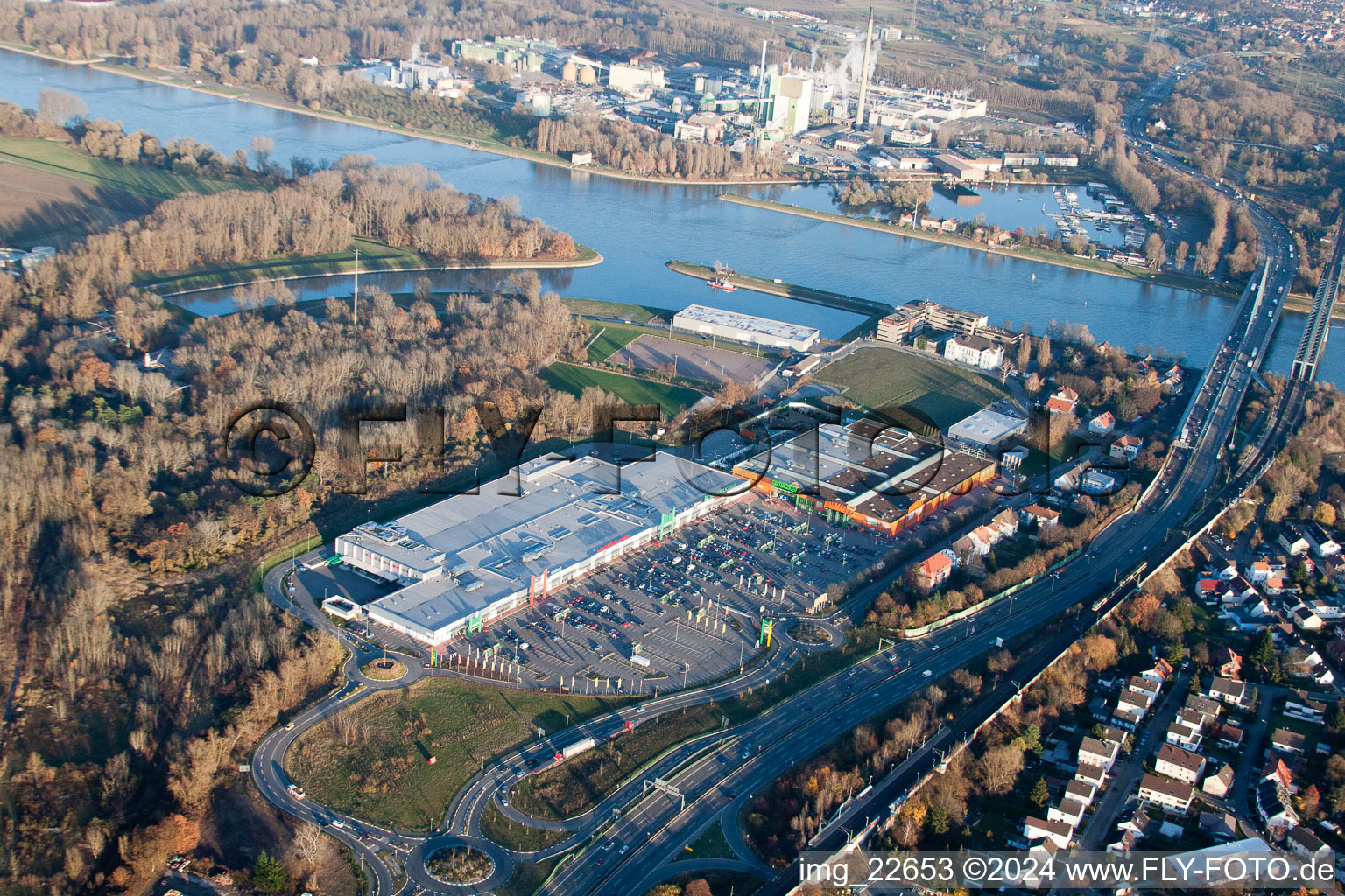 Aerial view of Luitpold Center in the district Maximiliansau in Wörth am Rhein in the state Rhineland-Palatinate, Germany