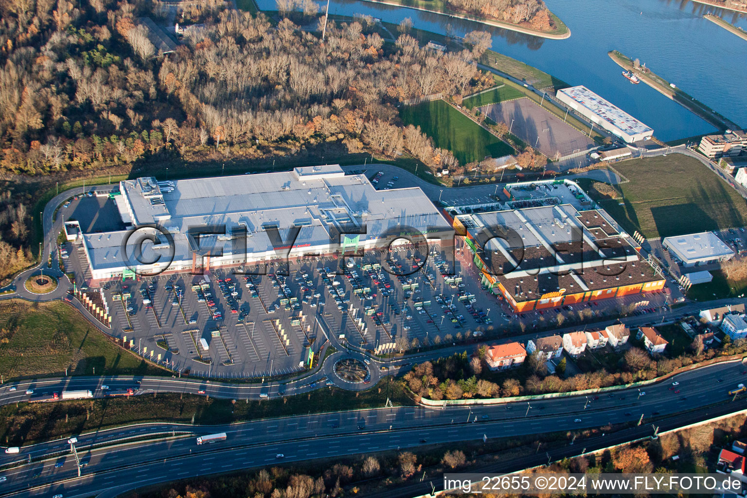 Aerial photograpy of Luitpold Center in the district Maximiliansau in Wörth am Rhein in the state Rhineland-Palatinate, Germany