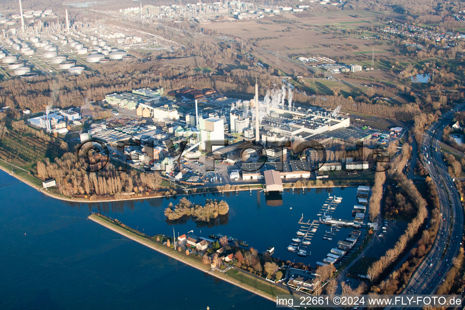 Aerial view of Maxau, Stora Enso in the district Knielingen in Karlsruhe in the state Baden-Wuerttemberg, Germany