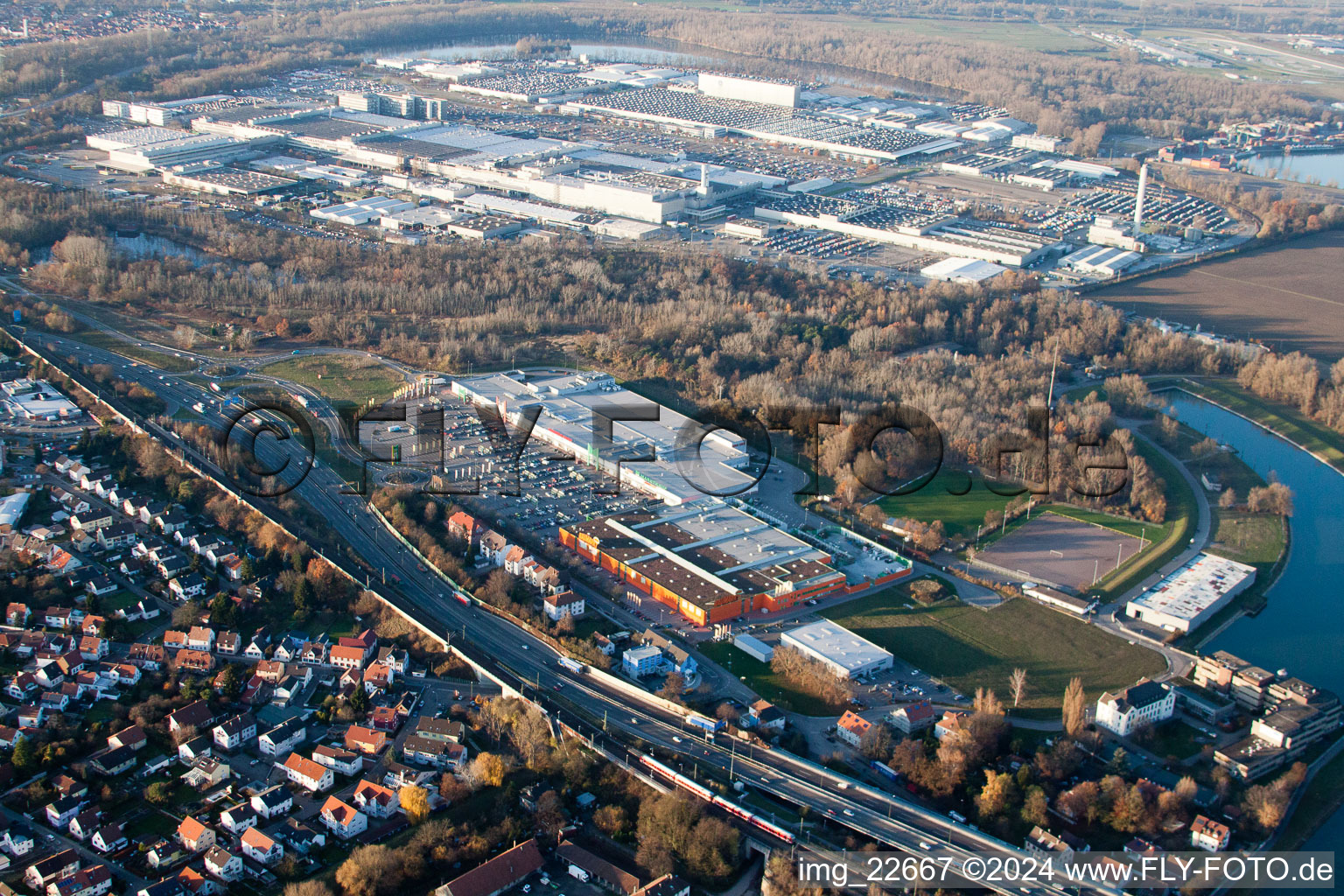 Luitpold Center in the district Maximiliansau in Wörth am Rhein in the state Rhineland-Palatinate, Germany from above