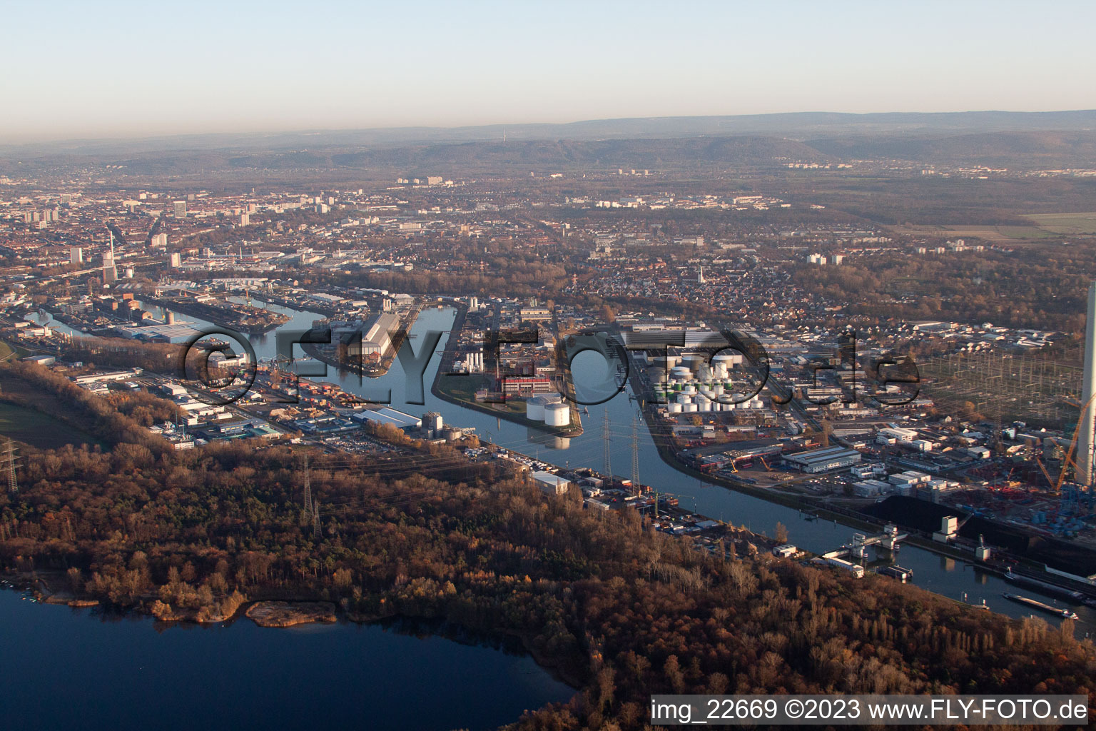District Rheinhafen in Karlsruhe in the state Baden-Wuerttemberg, Germany from above
