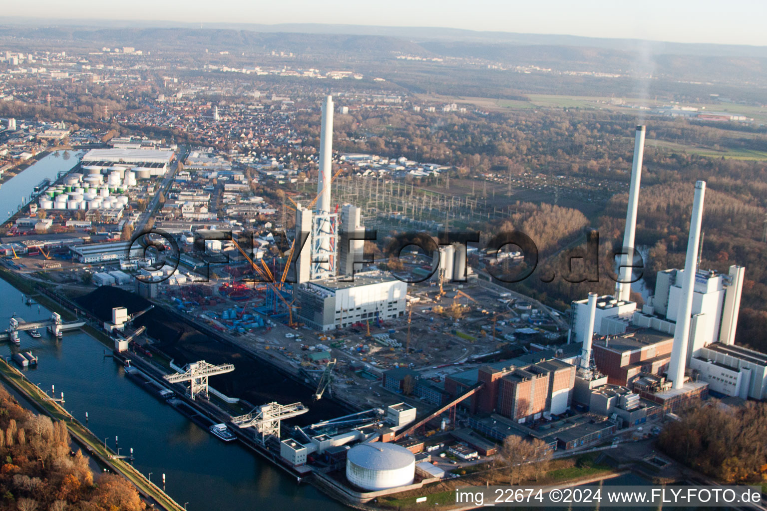 Drone recording of EnBW power plant in the district Rheinhafen in Karlsruhe in the state Baden-Wuerttemberg, Germany