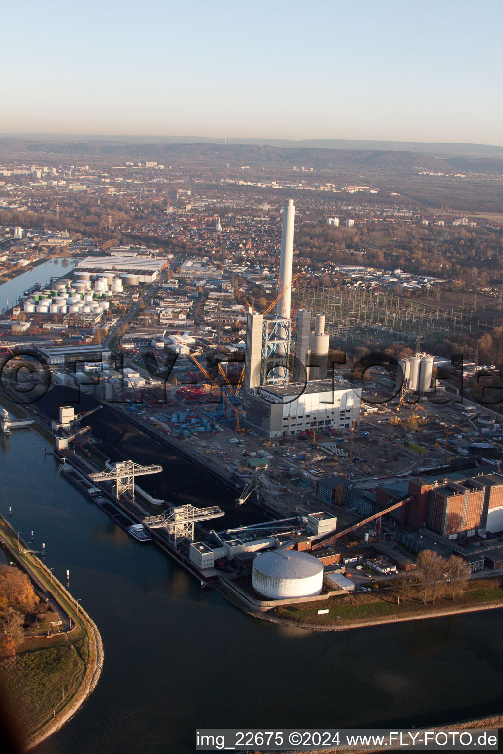 Drone image of EnBW power plant in the district Rheinhafen in Karlsruhe in the state Baden-Wuerttemberg, Germany