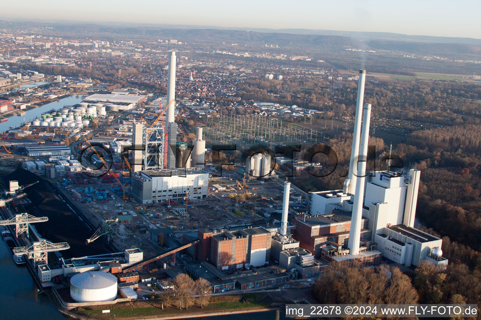 EnBW power plant in the district Rheinhafen in Karlsruhe in the state Baden-Wuerttemberg, Germany from the drone perspective