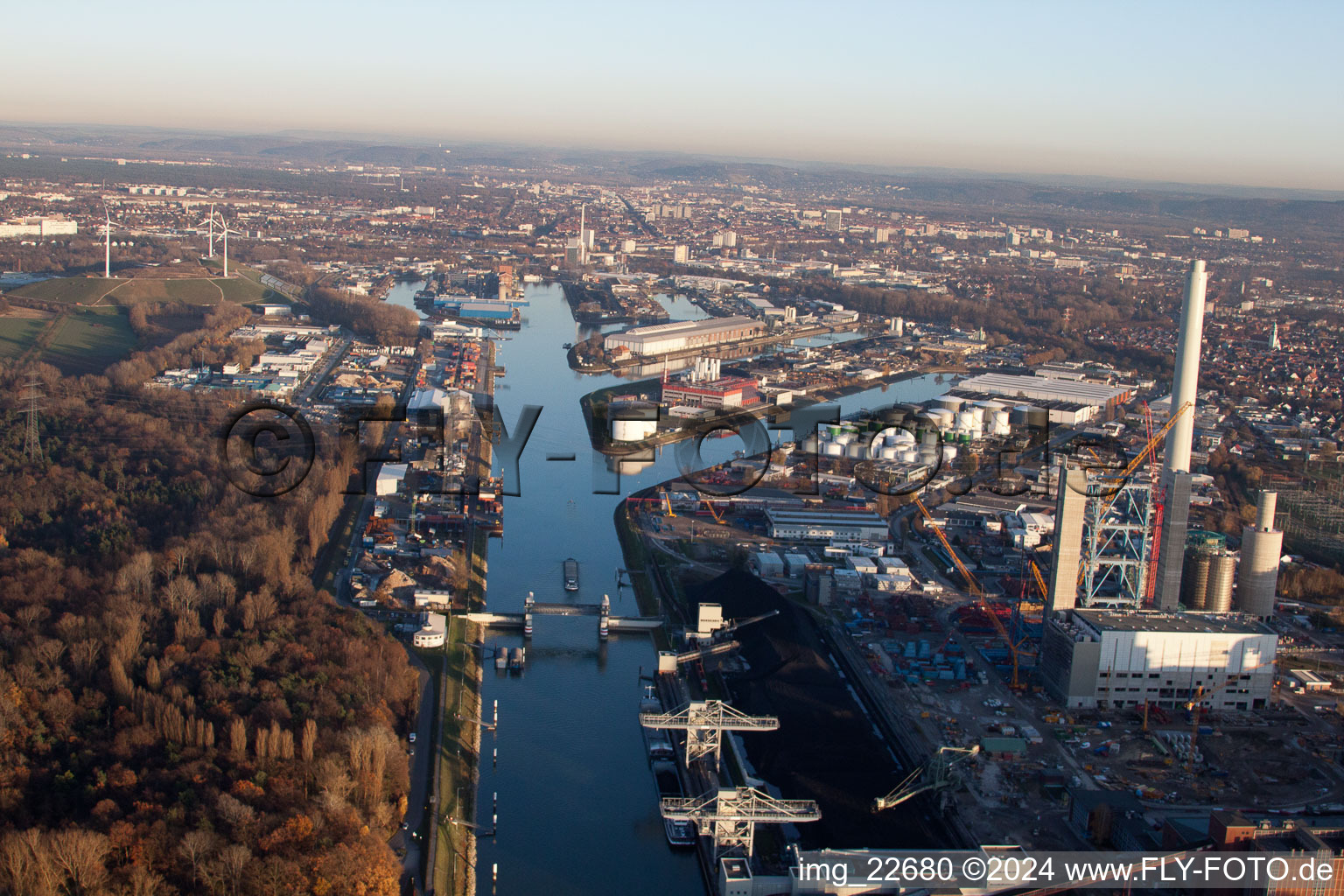 EnBW power plant in the district Rheinhafen in Karlsruhe in the state Baden-Wuerttemberg, Germany from a drone