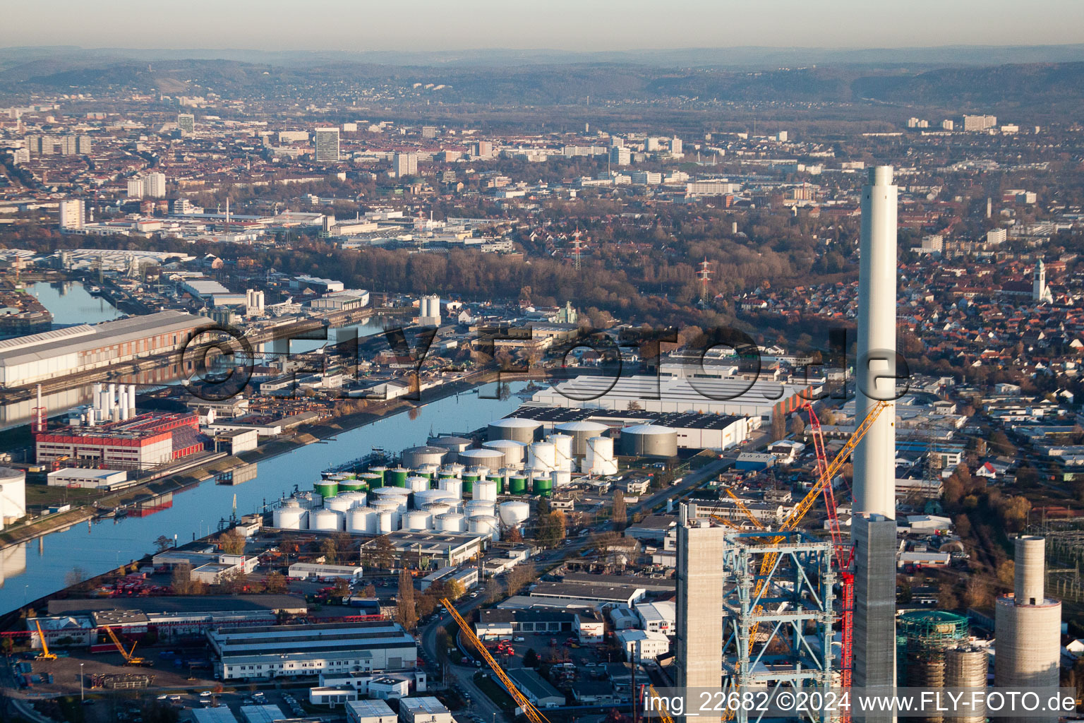 EnBW power plant in the district Rheinhafen in Karlsruhe in the state Baden-Wuerttemberg, Germany seen from a drone