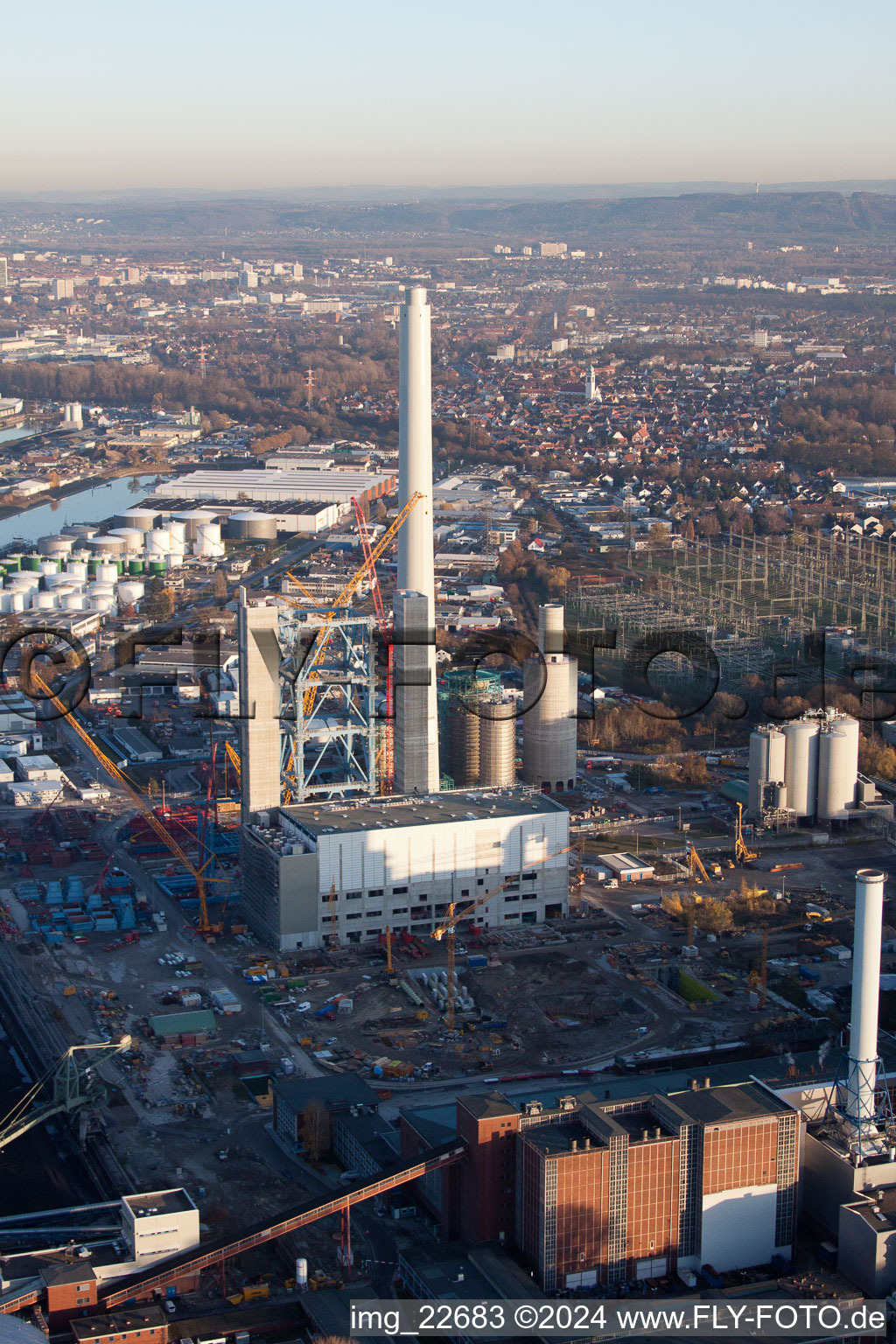 Aerial view of EnBW power plant in the district Rheinhafen in Karlsruhe in the state Baden-Wuerttemberg, Germany