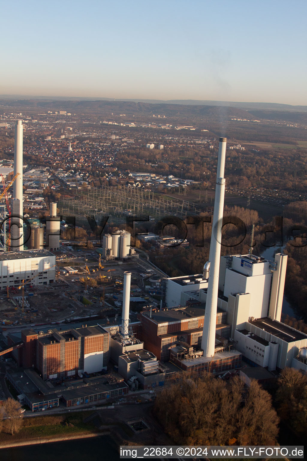 Aerial photograpy of EnBW power plant in the district Rheinhafen in Karlsruhe in the state Baden-Wuerttemberg, Germany