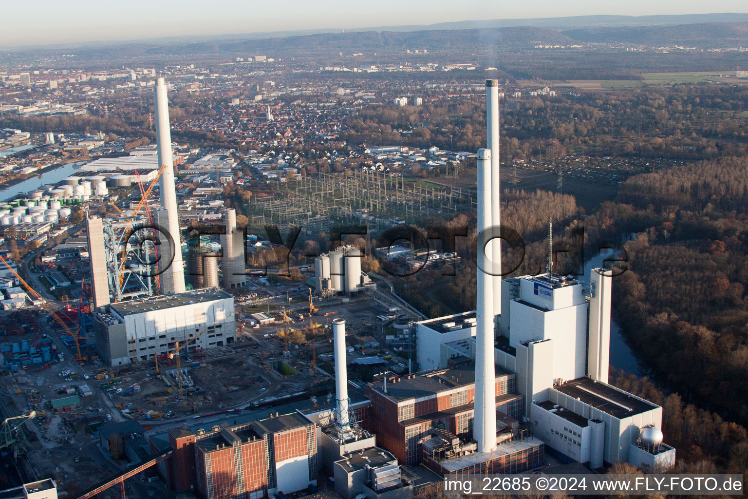 Oblique view of EnBW power plant in the district Rheinhafen in Karlsruhe in the state Baden-Wuerttemberg, Germany