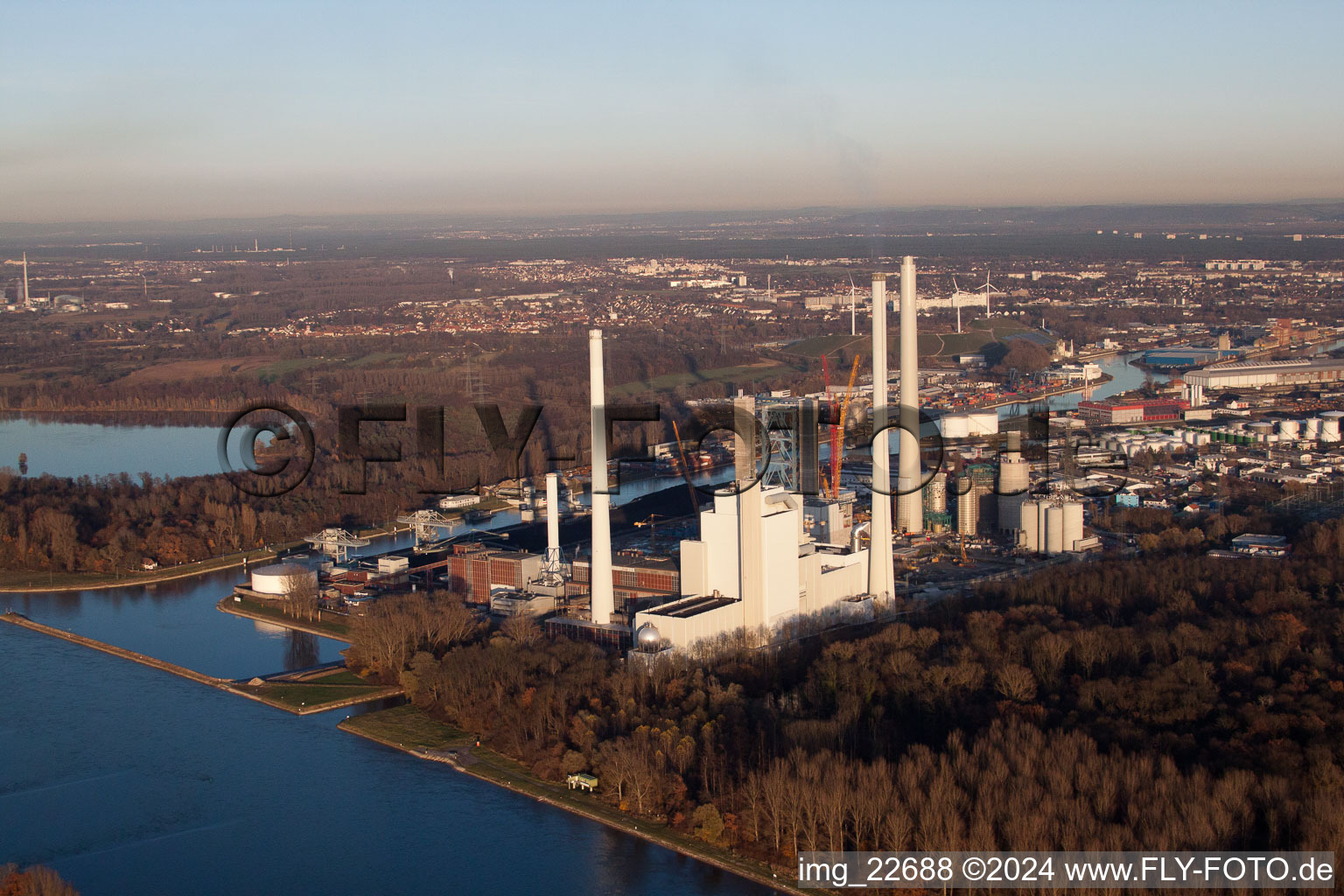 EnBW power plant in the district Rheinhafen in Karlsruhe in the state Baden-Wuerttemberg, Germany from above