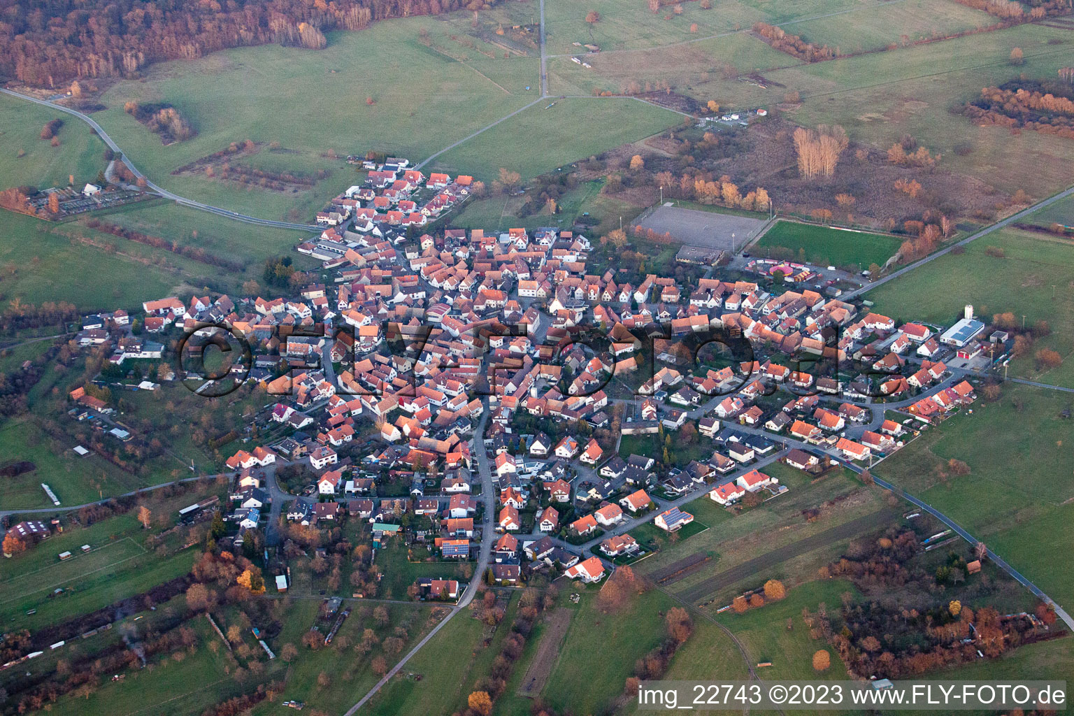 District Büchelberg in Wörth am Rhein in the state Rhineland-Palatinate, Germany seen from a drone