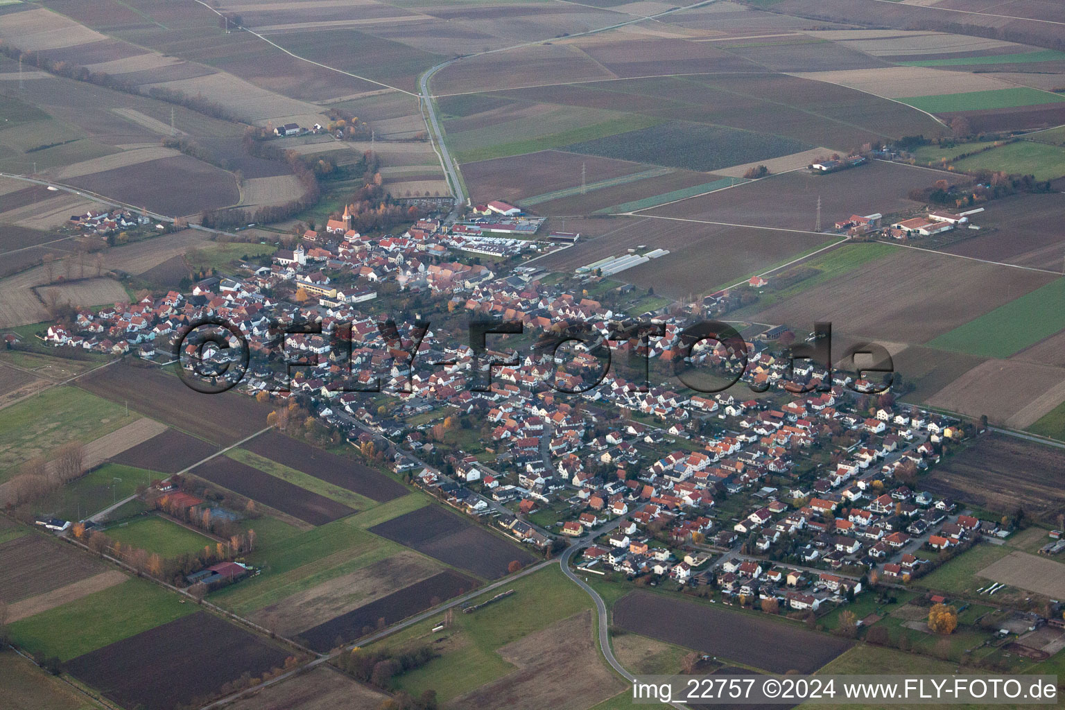 Drone image of Minfeld in the state Rhineland-Palatinate, Germany