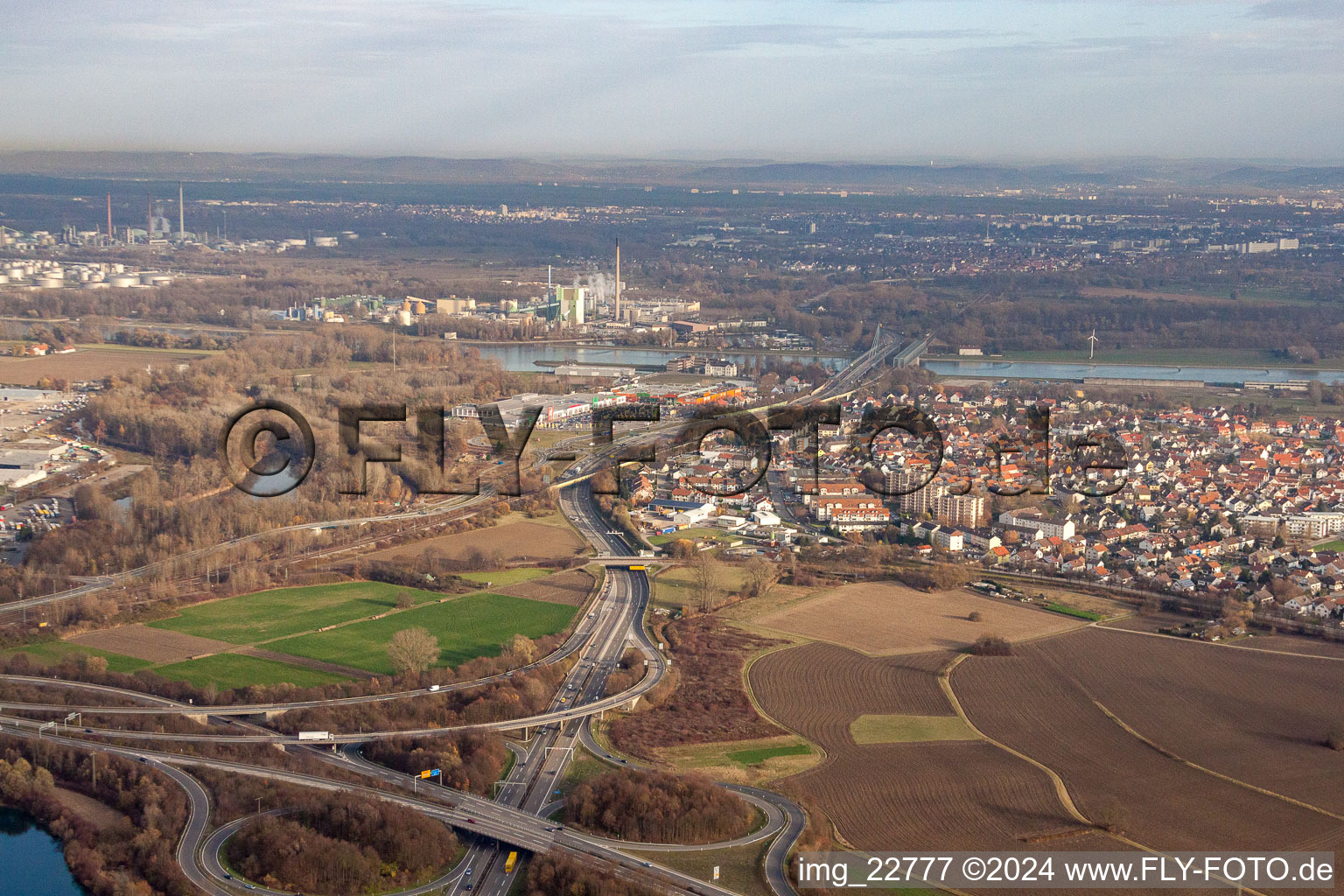 Oblique view of District Maximiliansau in Wörth am Rhein in the state Rhineland-Palatinate, Germany