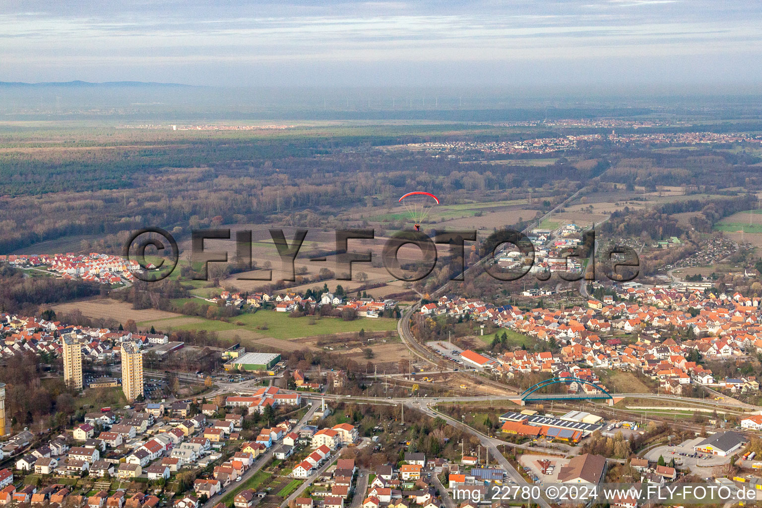 Bird's eye view of Wörth am Rhein in the state Rhineland-Palatinate, Germany