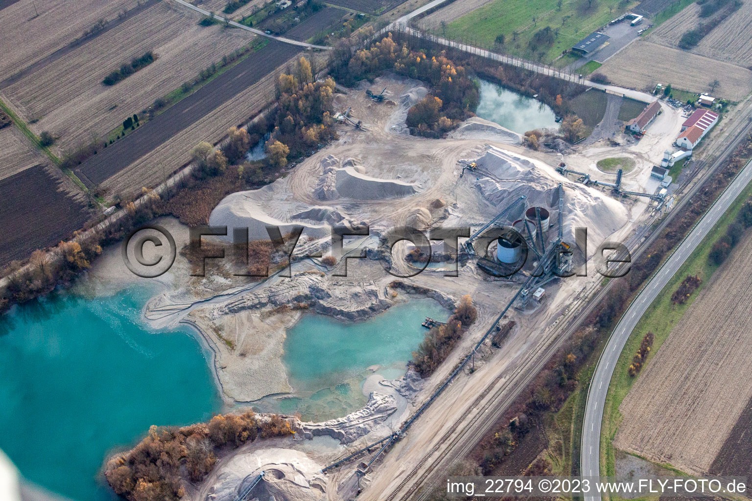 Bird's eye view of Quarry pond in Hagenbach in the state Rhineland-Palatinate, Germany