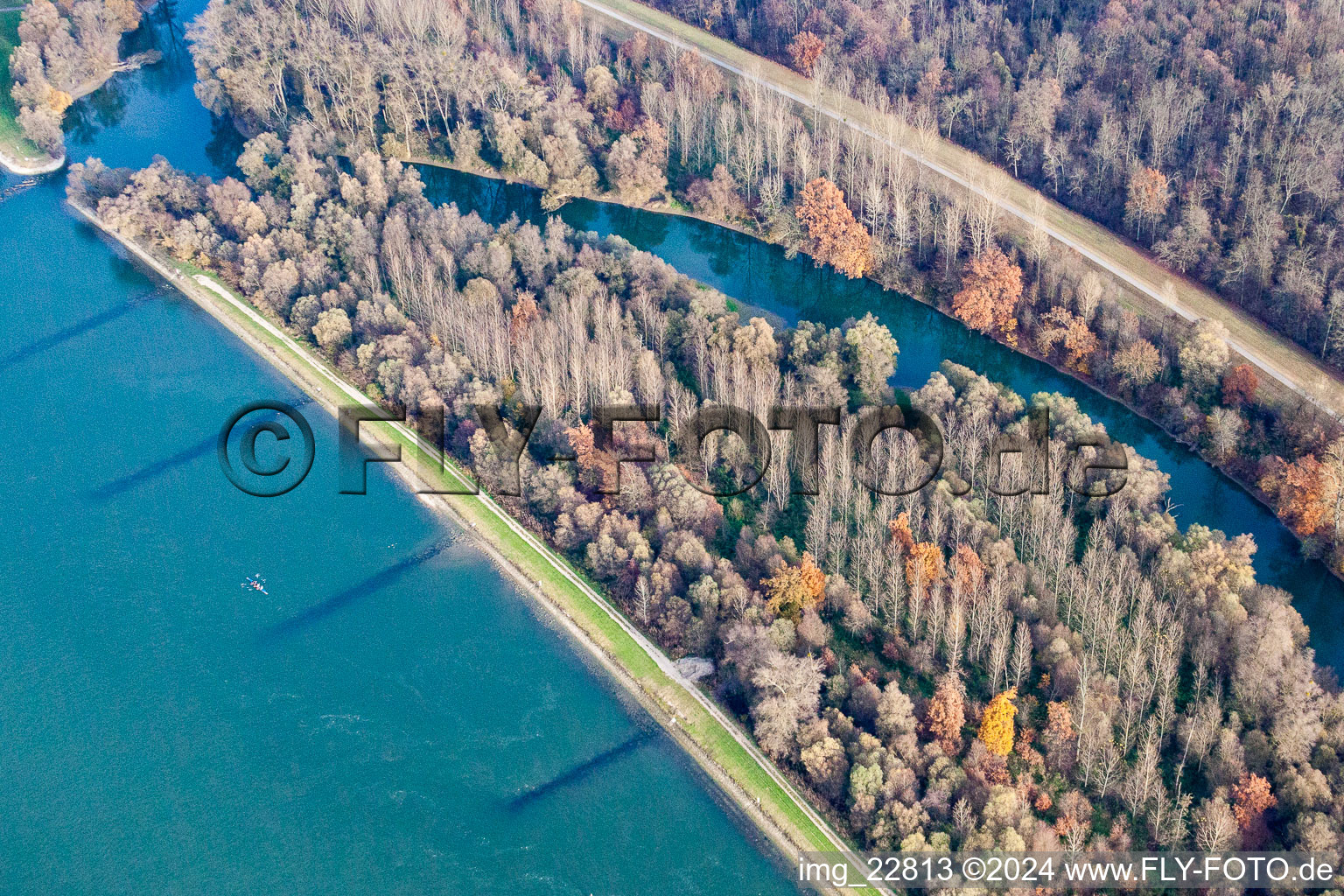 Aerial view of Rappenwörth in the district Daxlanden in Karlsruhe in the state Baden-Wuerttemberg, Germany