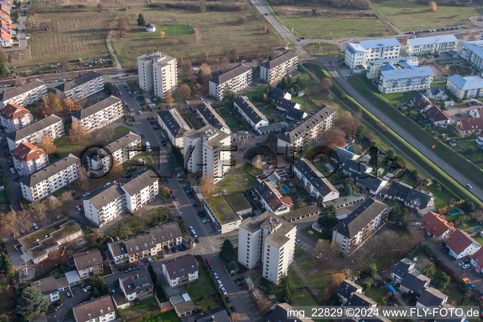 Oberfeldstraße from the north in the district Forchheim in Rheinstetten in the state Baden-Wuerttemberg, Germany