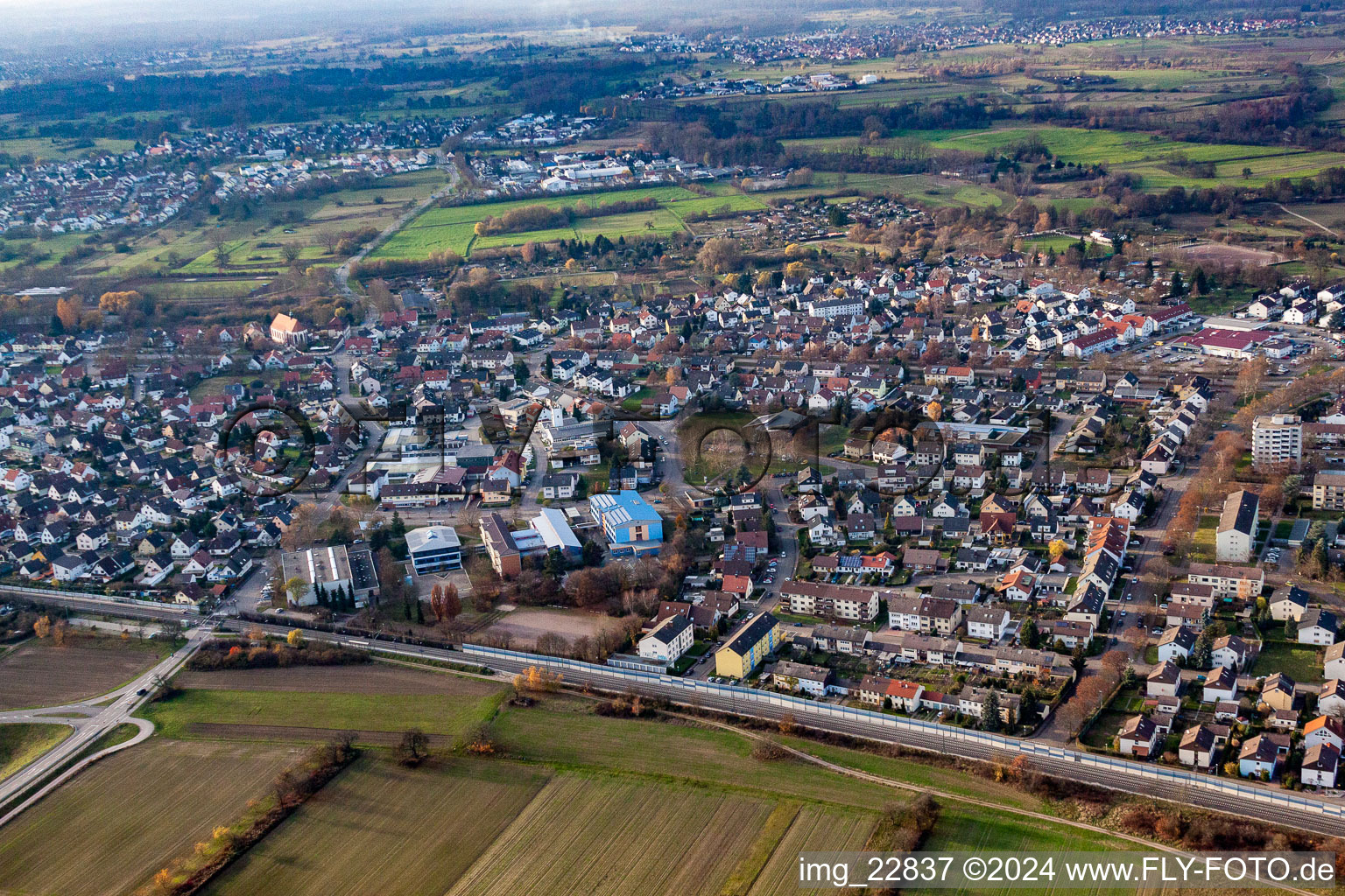 Aerial view of Hardtsporthalle, secondary school in Durmersheim in the state Baden-Wuerttemberg, Germany