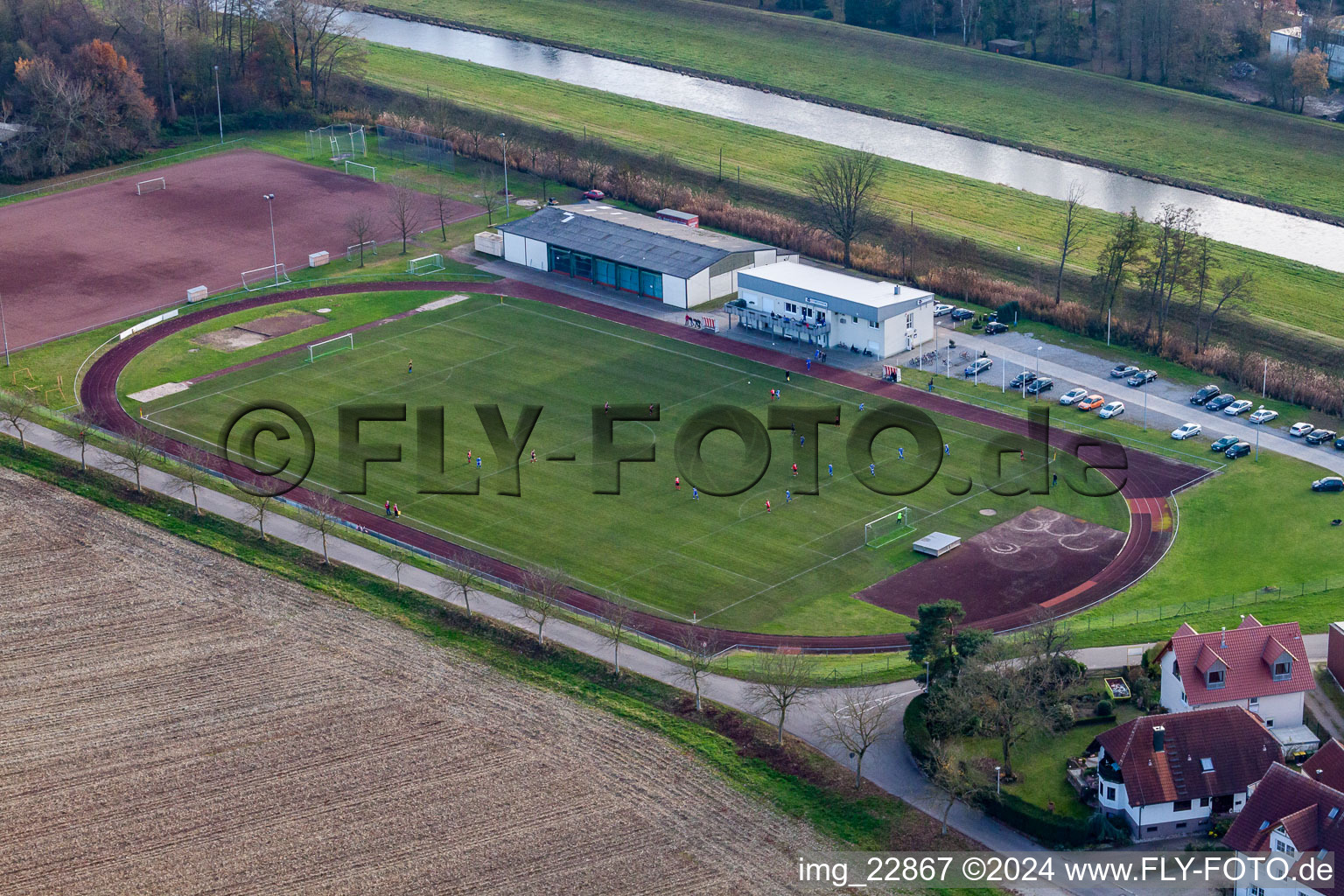 Aerial view of SV Niederbühl Donau and Ali's Gasthaus Engel in the district Niederbühl in Rastatt in the state Baden-Wuerttemberg, Germany