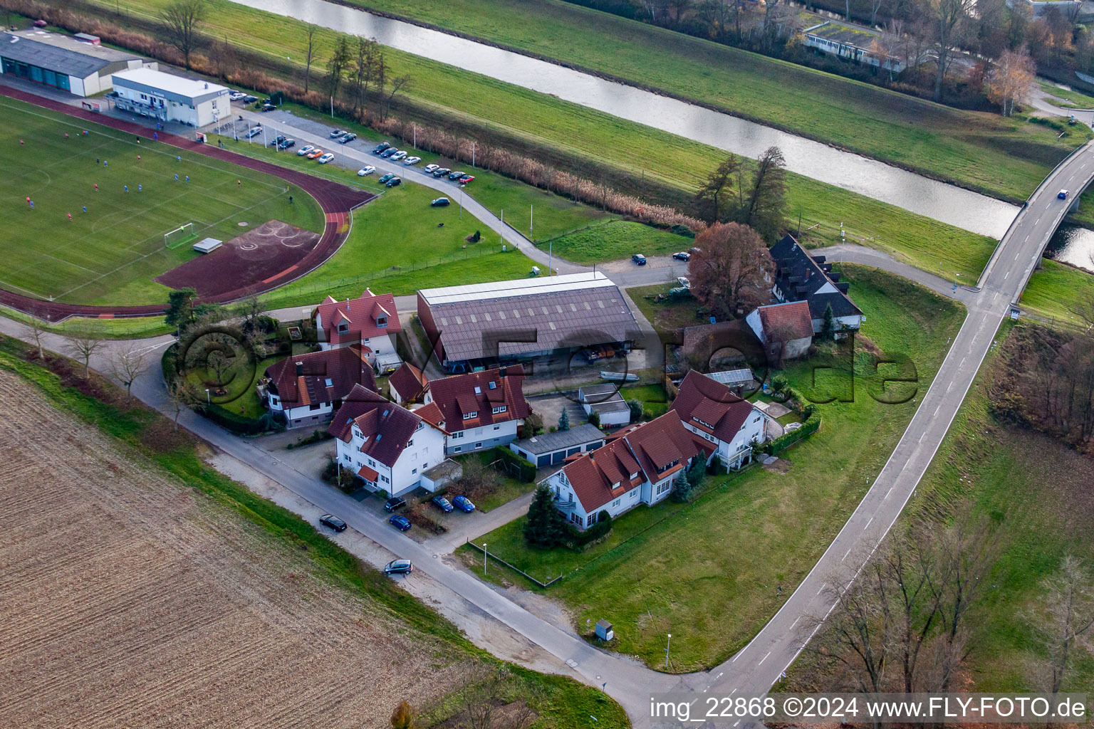 Aerial photograpy of SV Niederbühl Donau and Ali's Gasthaus Engel in the district Niederbühl in Rastatt in the state Baden-Wuerttemberg, Germany