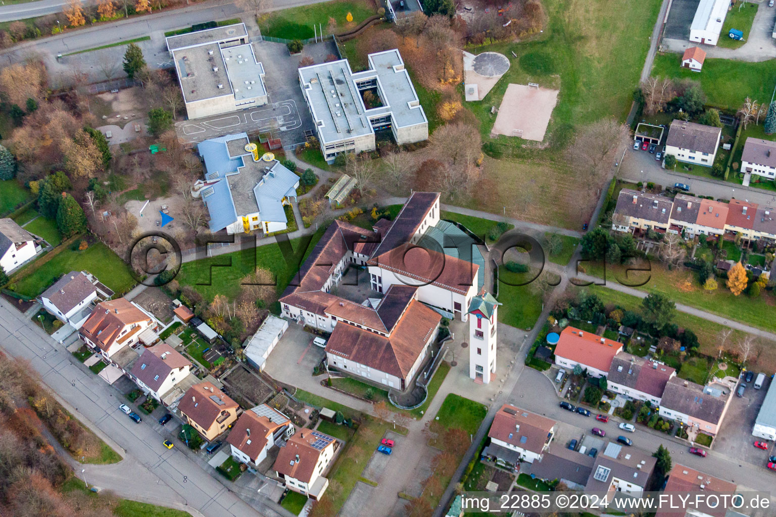 Aerial view of Sacred Heart Community Center in Rastatt in the state Baden-Wuerttemberg, Germany