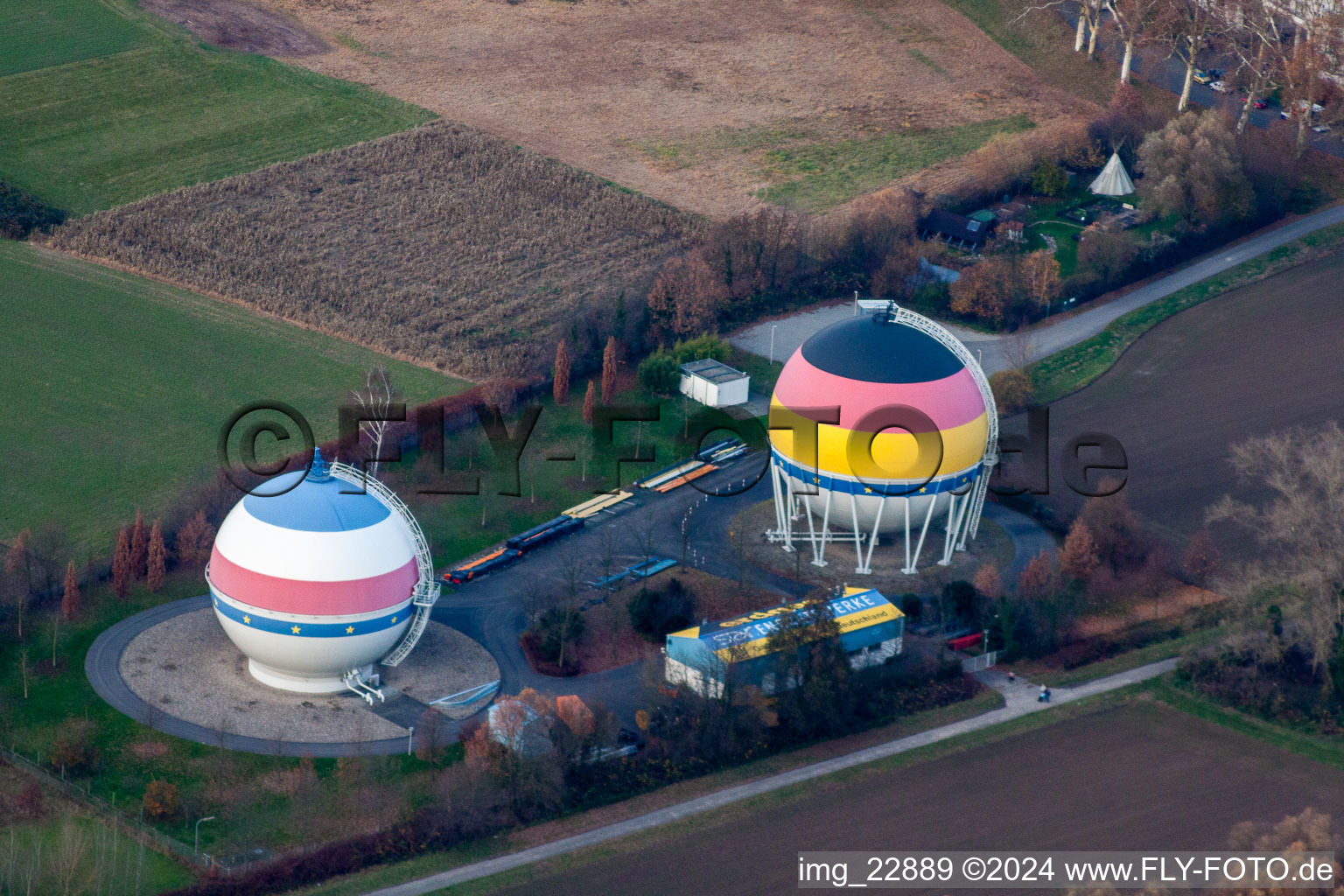 French German painted gas storage tanks in Rastatt in the state Baden-Wuerttemberg, Germany