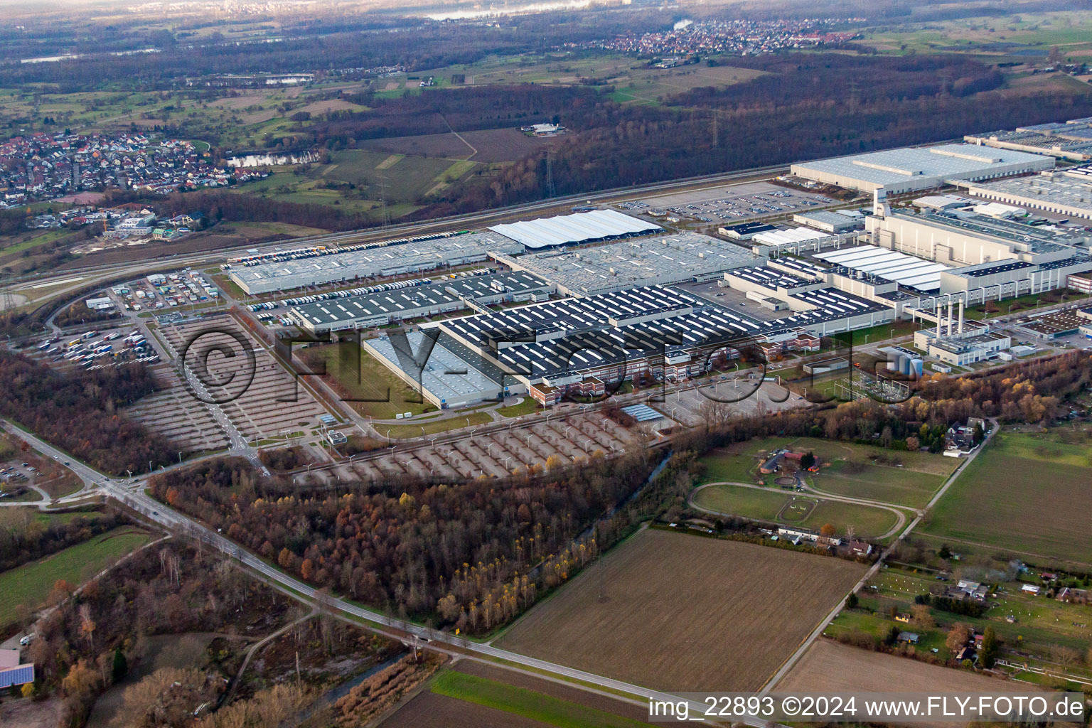 Aerial view of Daimler AG from the southeast in Rastatt in the state Baden-Wuerttemberg, Germany