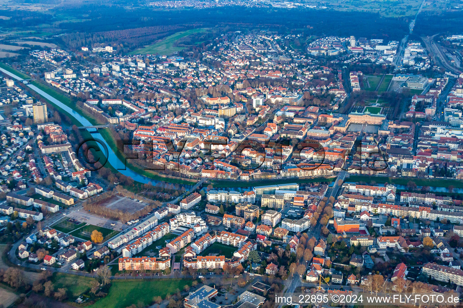 Aerial view of Fairground on the Murg in Rastatt in the state Baden-Wuerttemberg, Germany