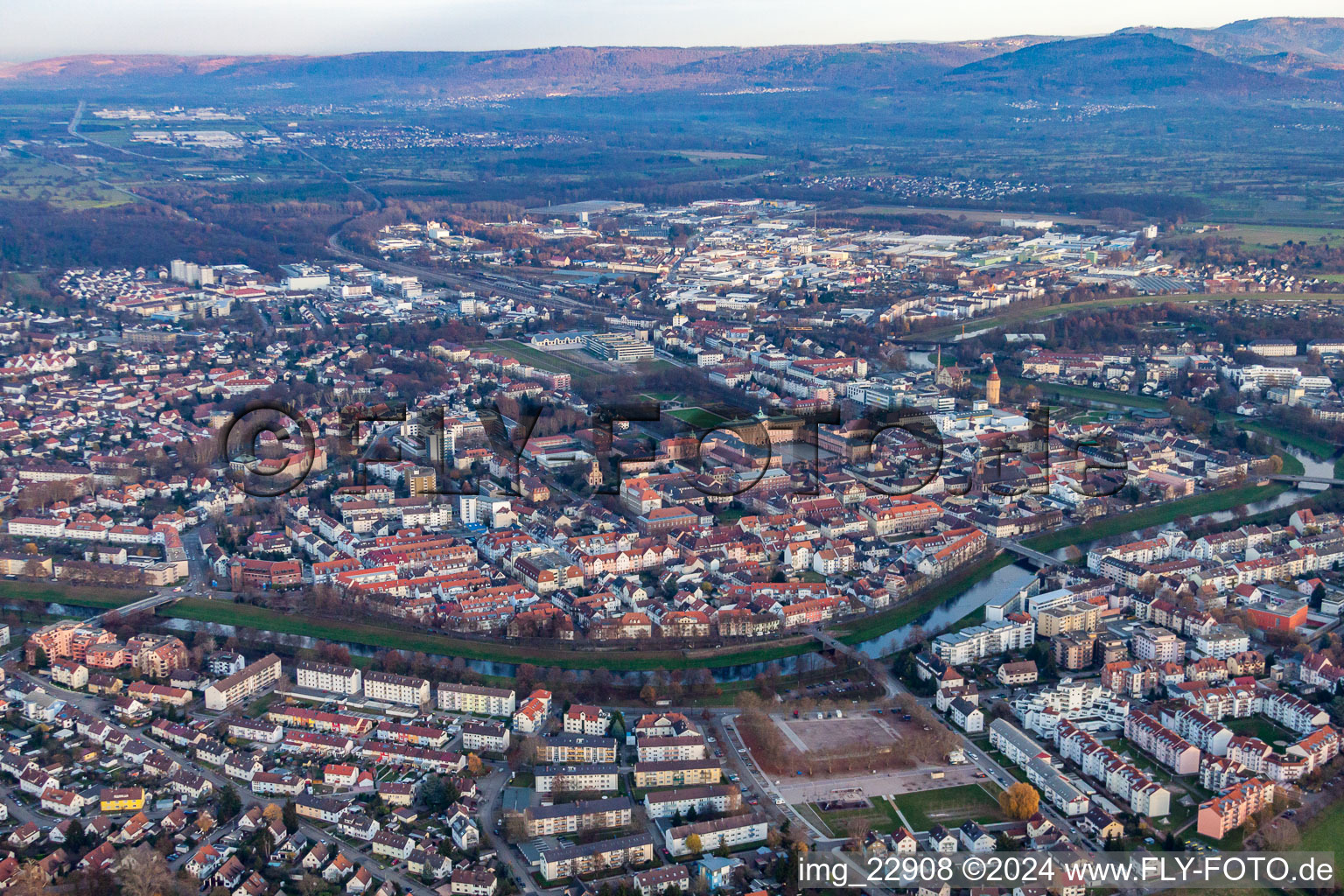 Downtown from the southeast in Rastatt in the state Baden-Wuerttemberg, Germany