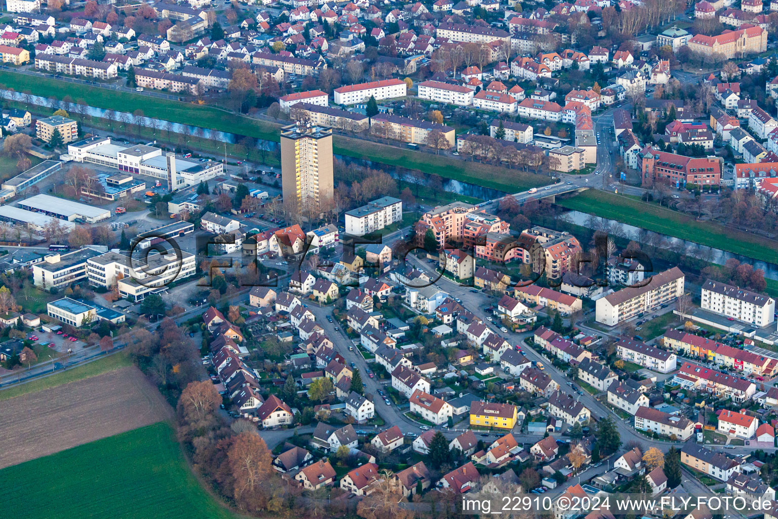 Aerial view of Hindenburg Bridge in Rastatt in the state Baden-Wuerttemberg, Germany