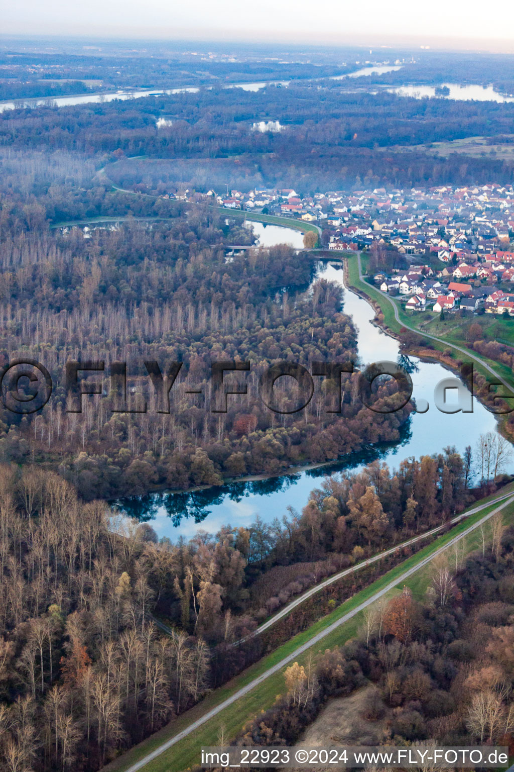 Aerial view of Old Rhine in the district Plittersdorf in Rastatt in the state Baden-Wuerttemberg, Germany