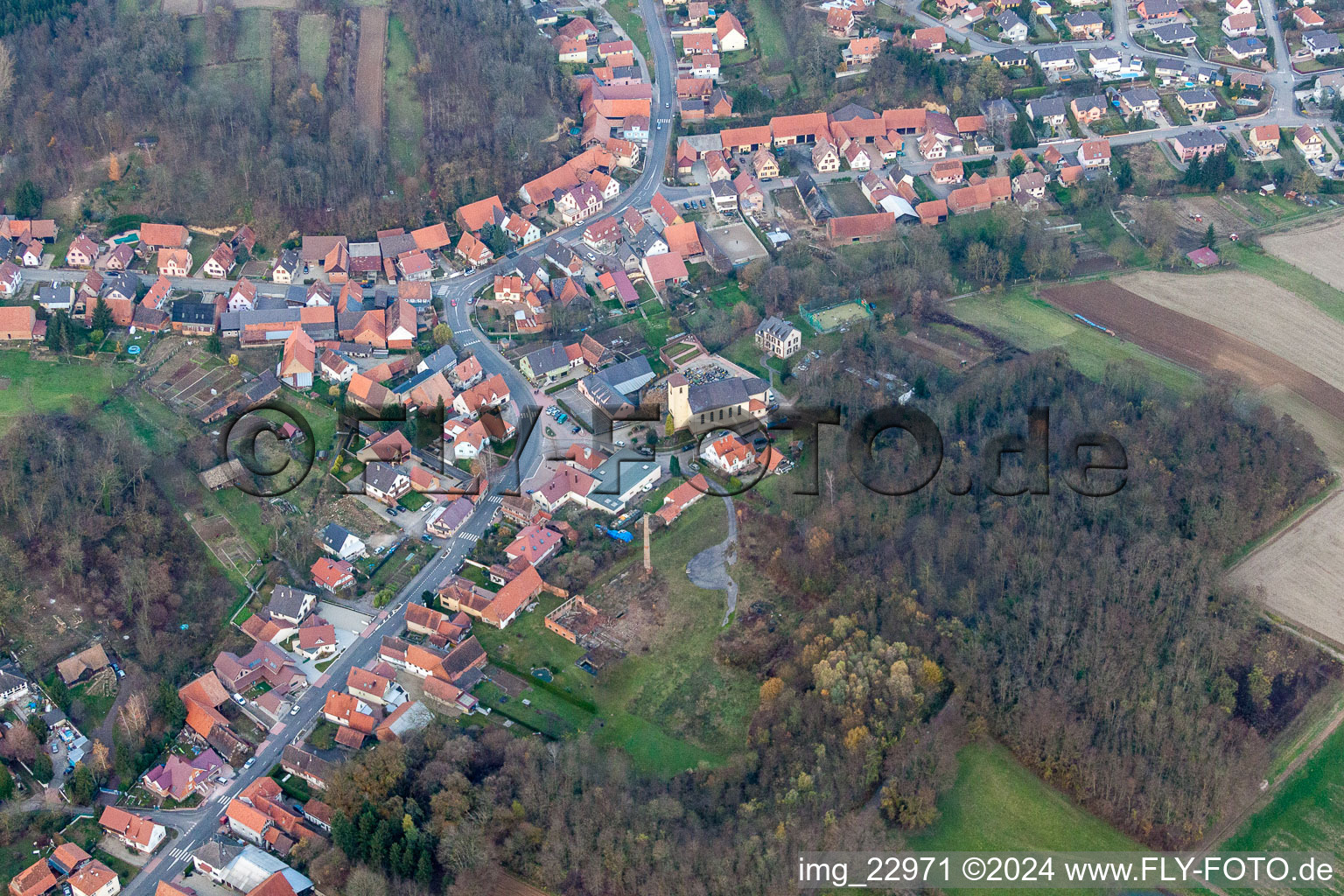 Neewiller-près-Lauterbourg in the state Bas-Rhin, France viewn from the air