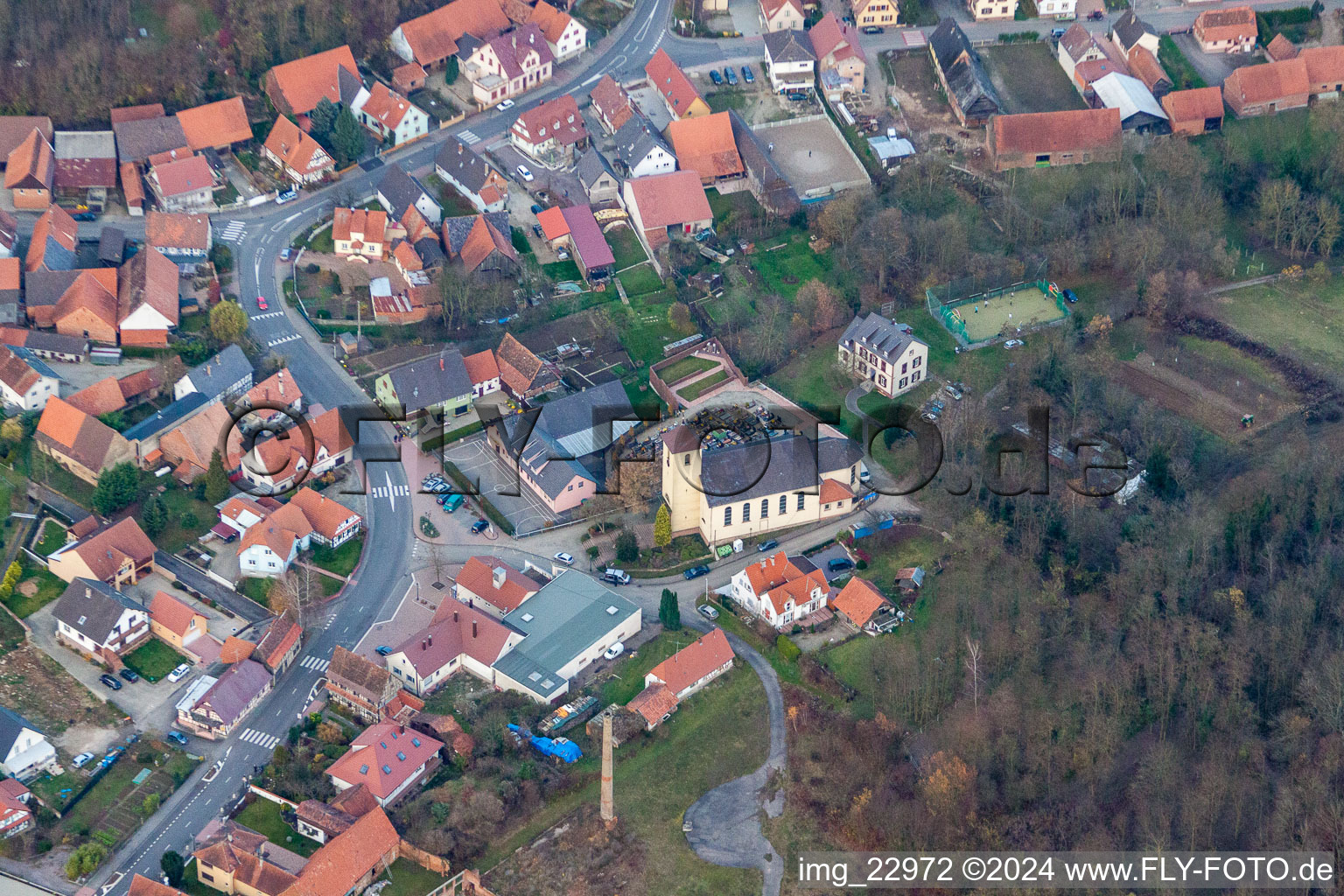 Drone recording of Neewiller-près-Lauterbourg in the state Bas-Rhin, France