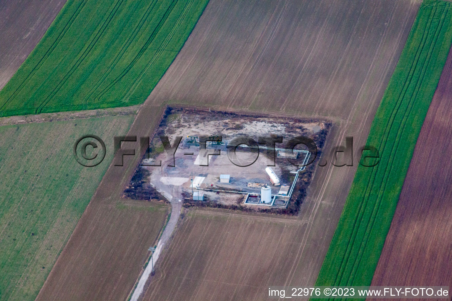Aerial photograpy of Scheibenhardt, oil production in Scheibenhard in the state Bas-Rhin, France