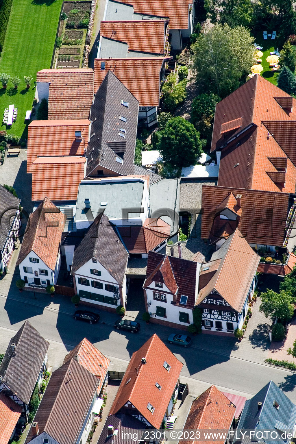 Oblique view of Hotel zur Krone in the district Hayna in Herxheim bei Landau in the state Rhineland-Palatinate, Germany