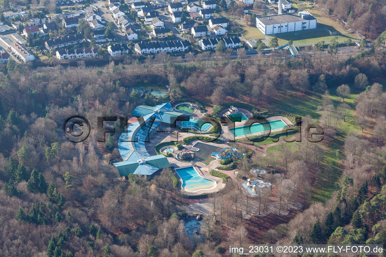 Aerial view of Bathing park in Wörth am Rhein in the state Rhineland-Palatinate, Germany