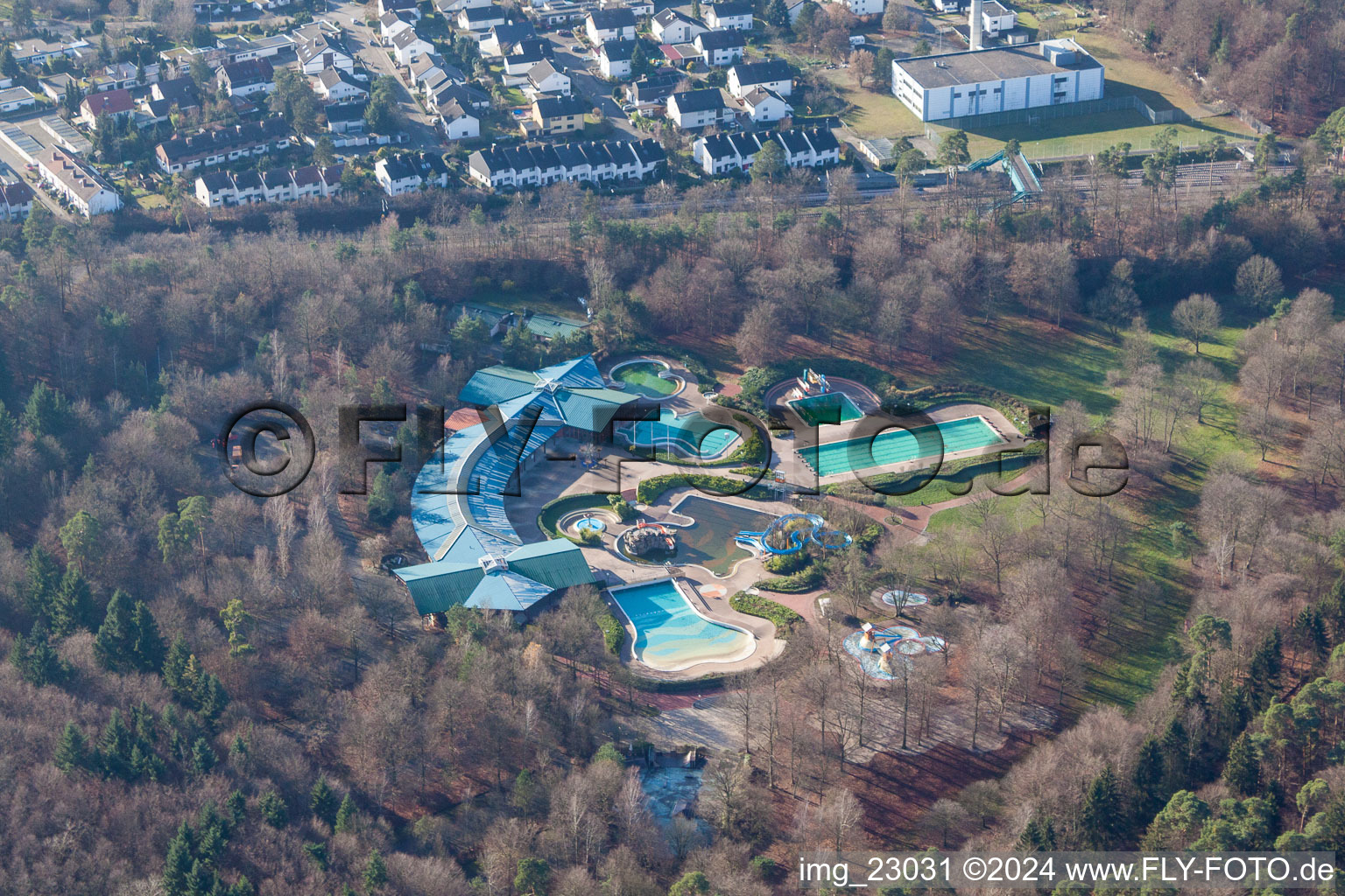 Aerial view of Swimming park in Wörth am Rhein in the state Rhineland-Palatinate, Germany