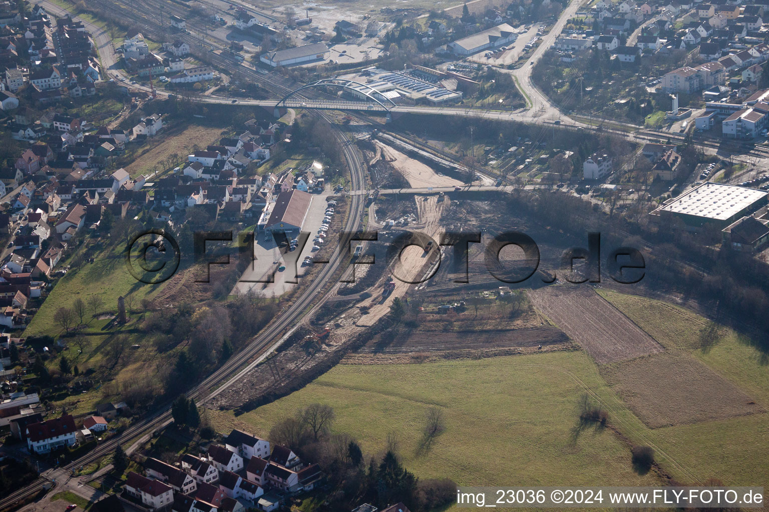 Aerial view of Construction site at the Ottstr railway crossing in Wörth am Rhein in the state Rhineland-Palatinate, Germany