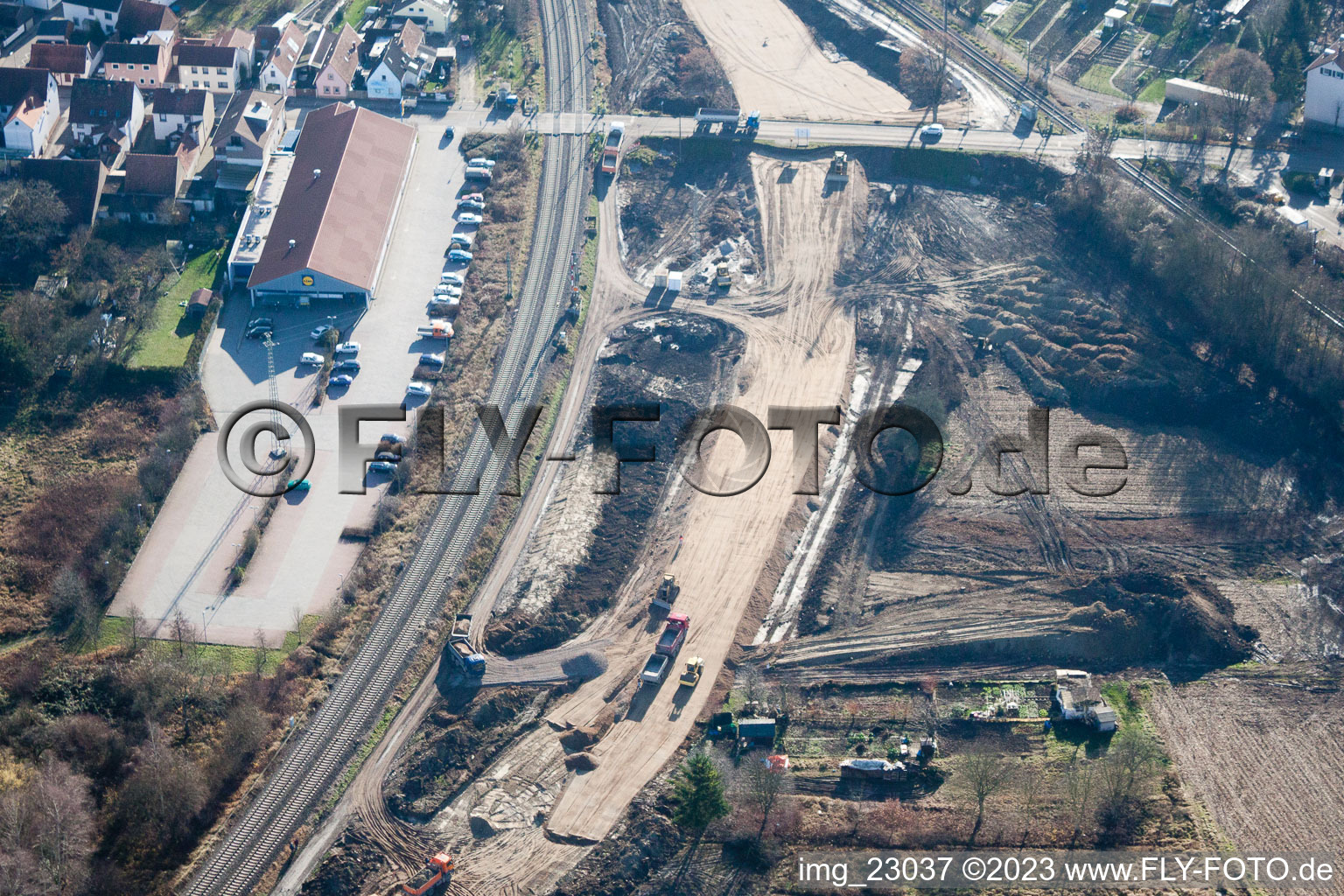 Aerial photograpy of Construction site at the Ottstr railway crossing in Wörth am Rhein in the state Rhineland-Palatinate, Germany