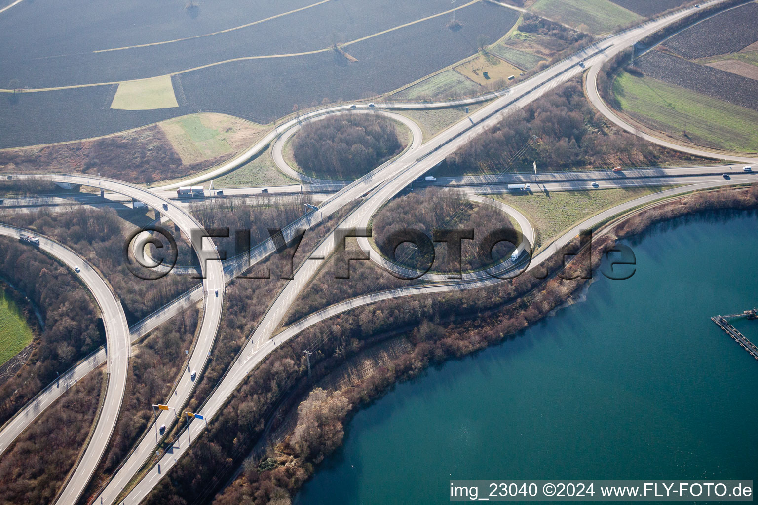 Traffic flow at the intersection- motorway A 65 in the district Maximiliansau in Woerth am Rhein in the state Rhineland-Palatinate