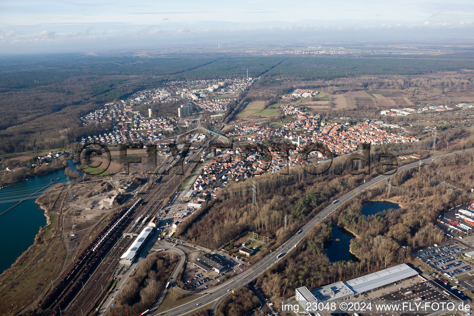 Drone image of District Maximiliansau in Wörth am Rhein in the state Rhineland-Palatinate, Germany