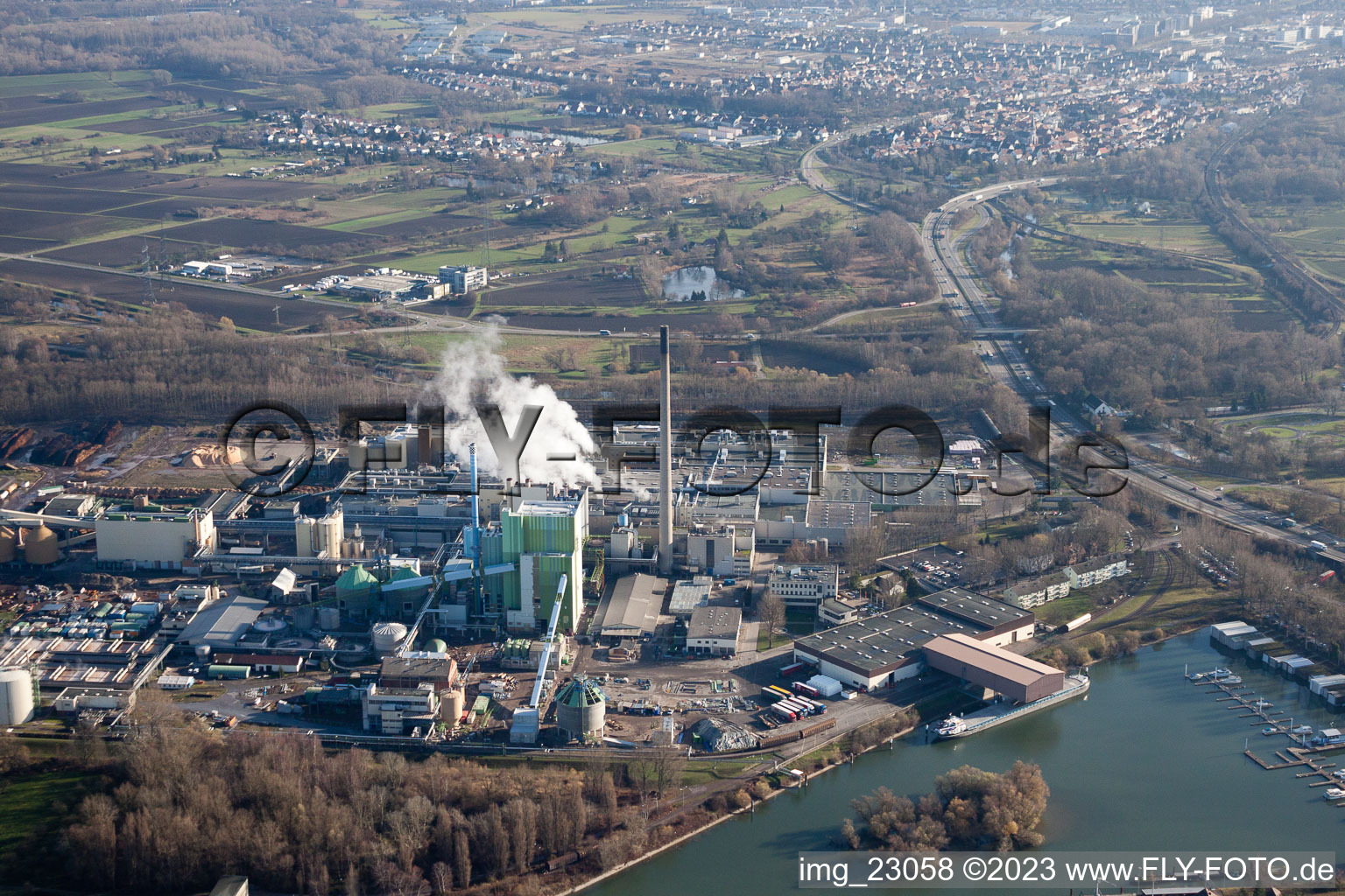 Aerial photograpy of Maxau, Stora Enso in the district Knielingen in Karlsruhe in the state Baden-Wuerttemberg, Germany