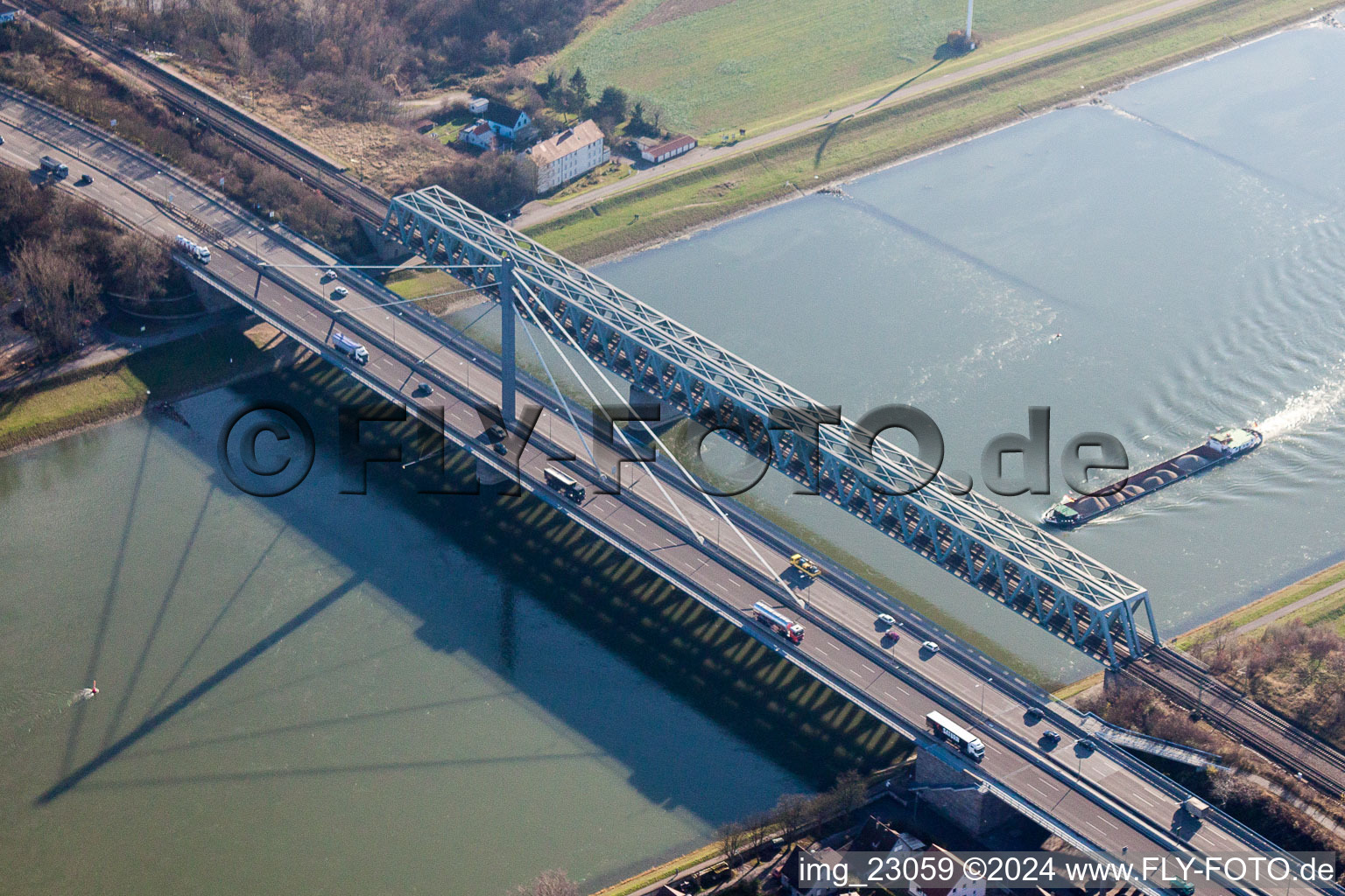 Rail and Street bridges construction across the Rhine river between Karlsruhe and Woerth am Rhein in the state Rhineland-Palatinate, Germany