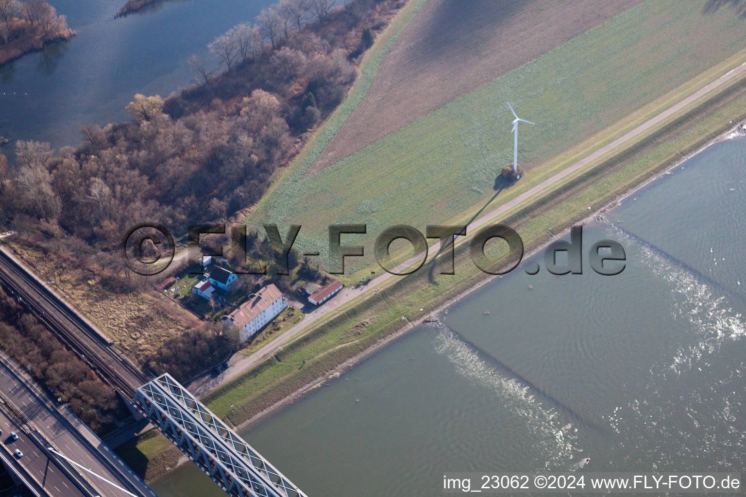 Karlsruhe's first wind turbine in Maxau on the banks of the Rhine in the district Knielingen in Karlsruhe in the state Baden-Wuerttemberg, Germany