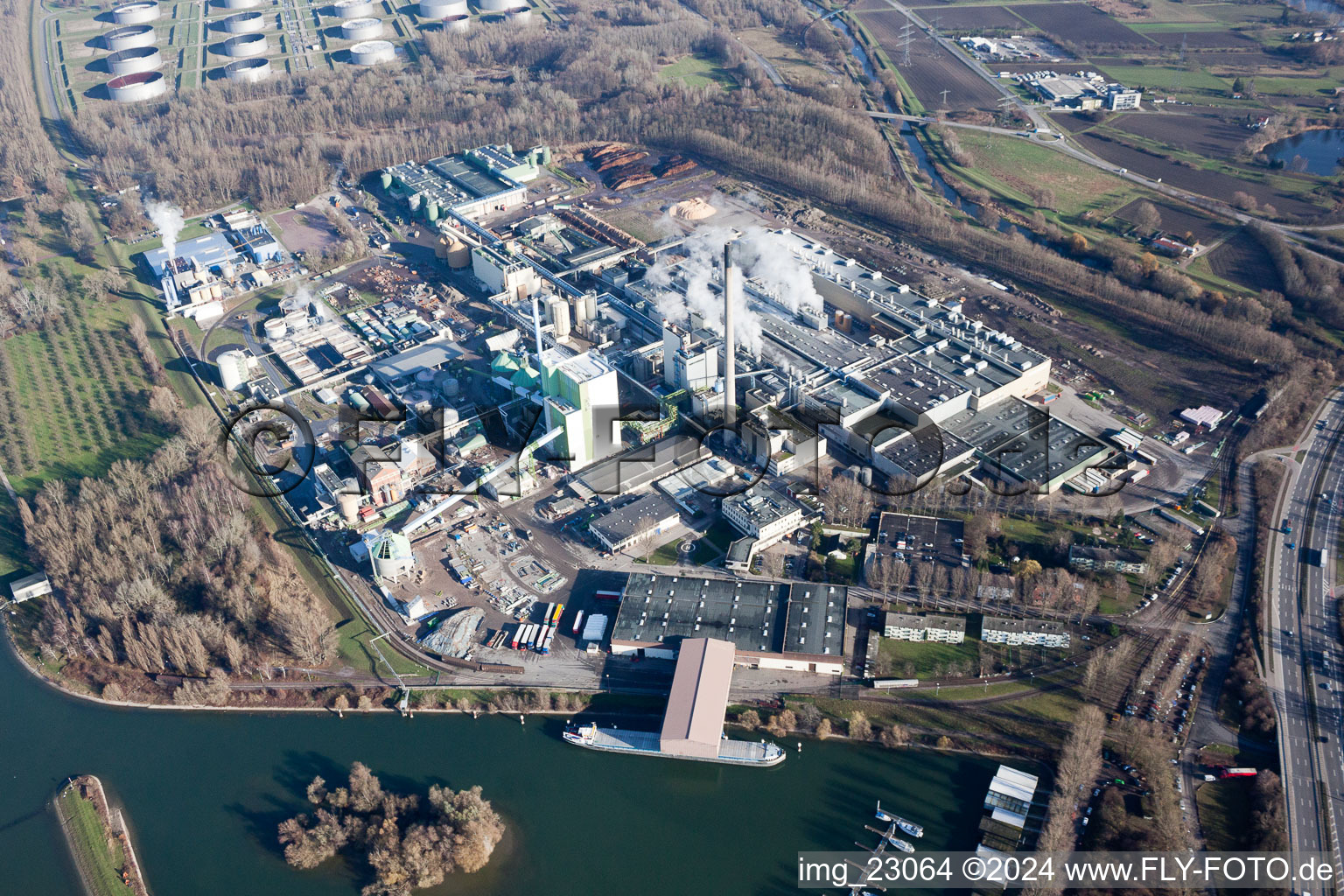 Building and production halls on the premises of Papierfabrik Stora Enso in the district Maxau in Karlsruhe in the state Baden-Wurttemberg