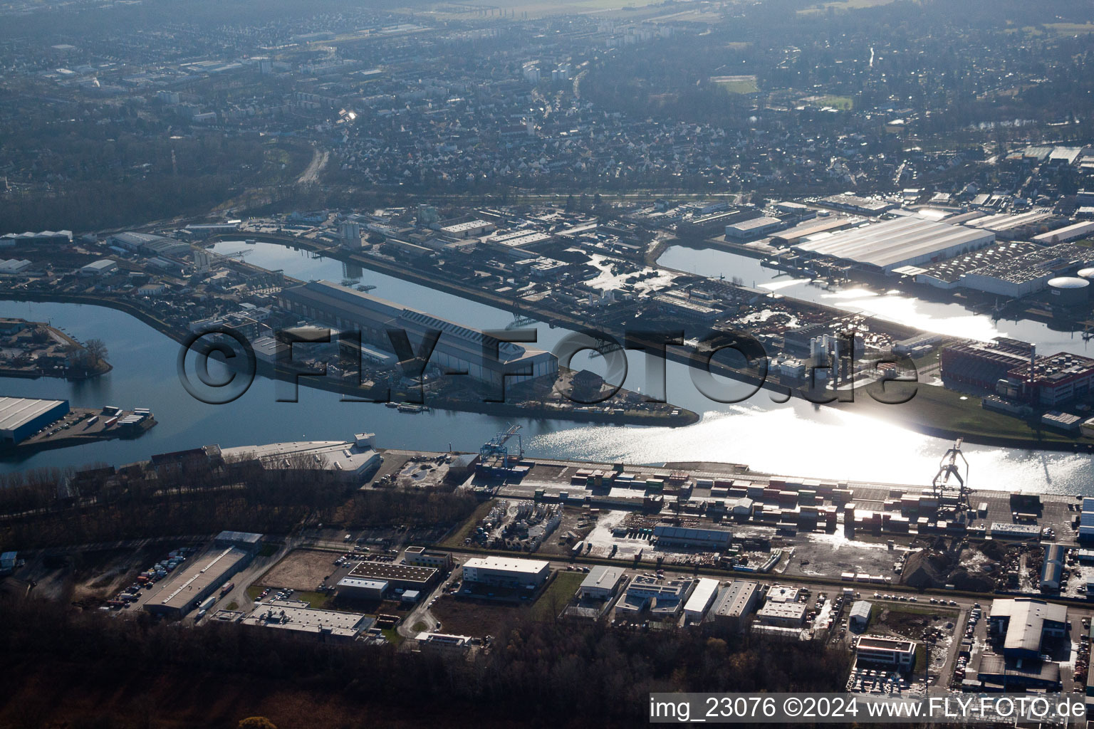 District Rheinhafen in Karlsruhe in the state Baden-Wuerttemberg, Germany seen from above